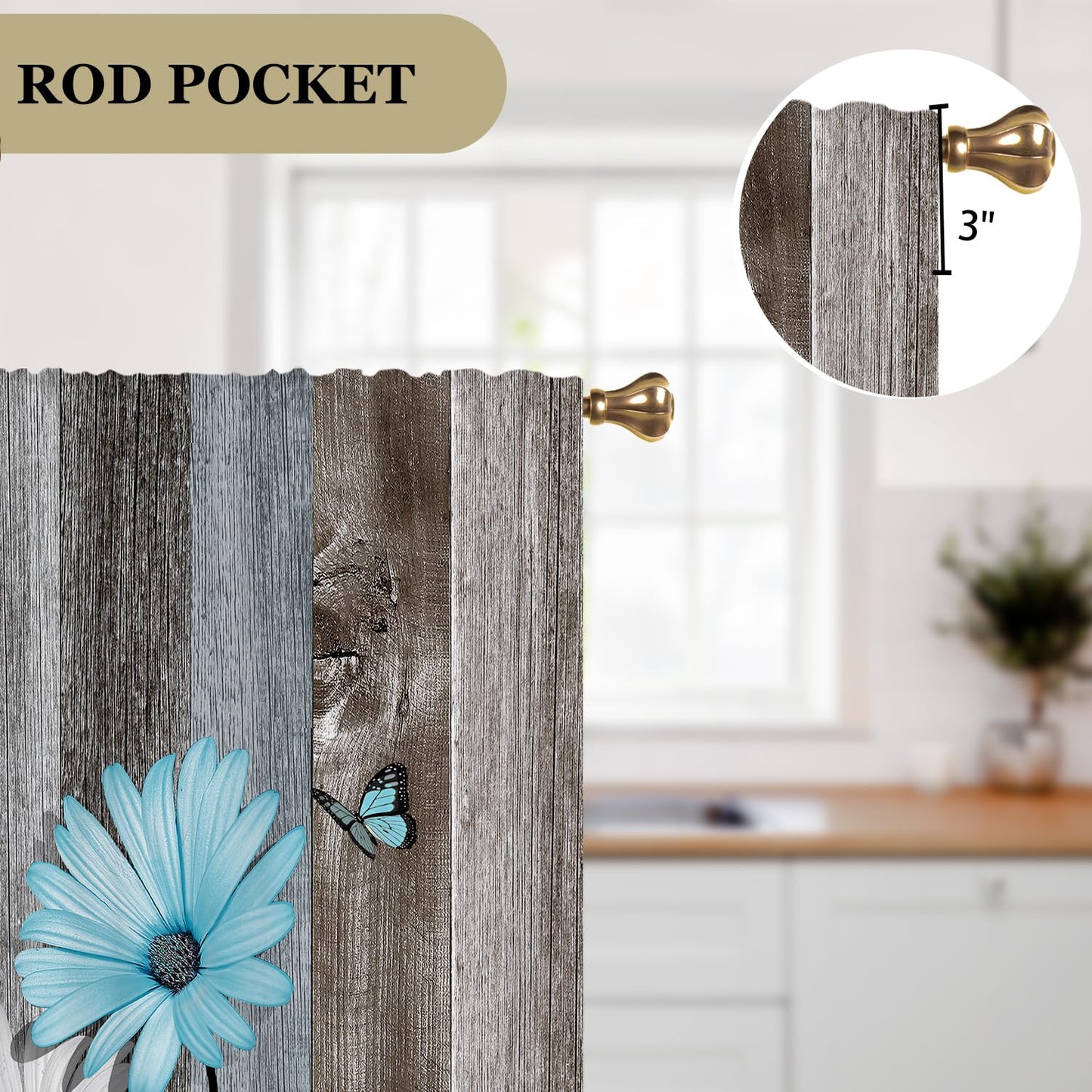 Cizuug Blue Farmhouse Daisy Kitchen Curtains Wooden Flower Small Short Cafe Window Curtains Rustic Floral Butterfly Country Bathroom Drapes Treatment Tier Curtains 2 Panels