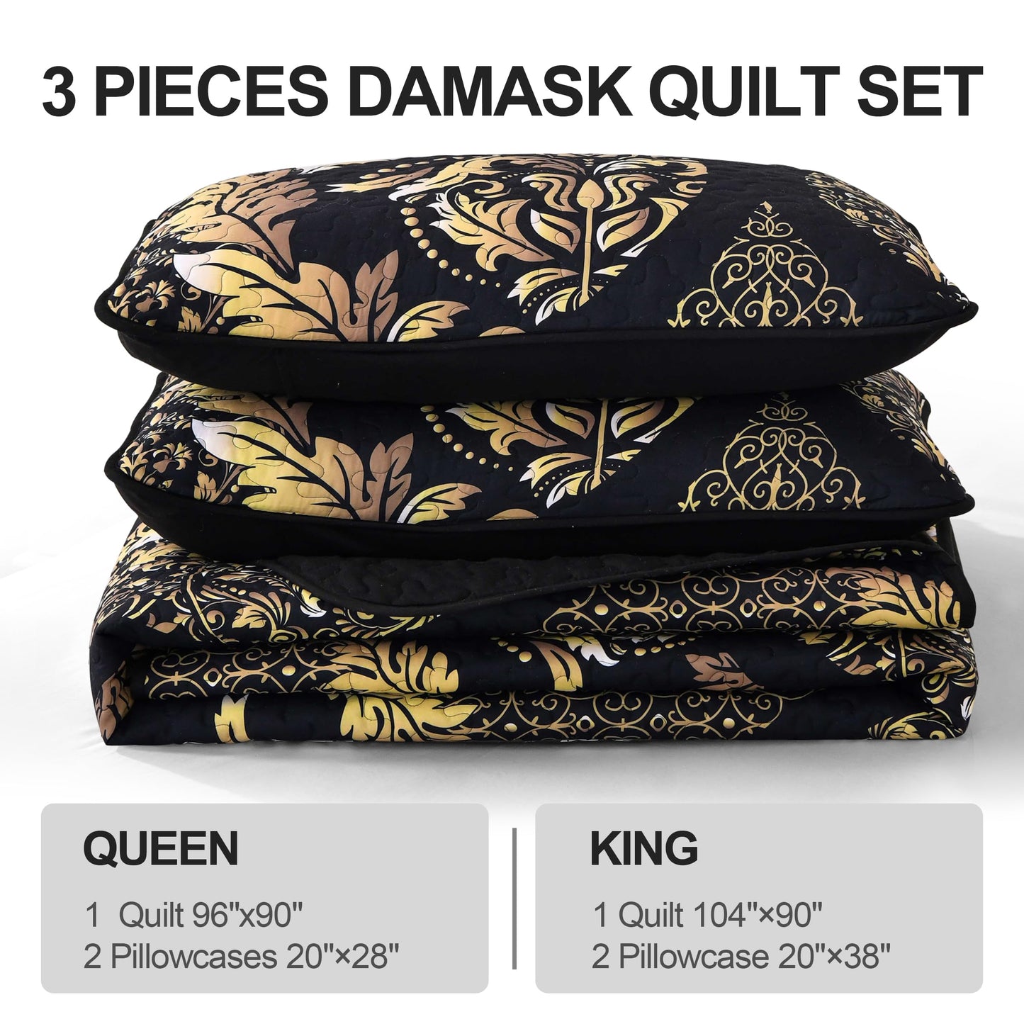 DJY Black Quilt Set Queen Size, Boho Gold Damask Bedspread Coverlet Set Soft Lightweight Microfiber Luxury Bedding Set 3 Pieces for All Season (96"x90")
