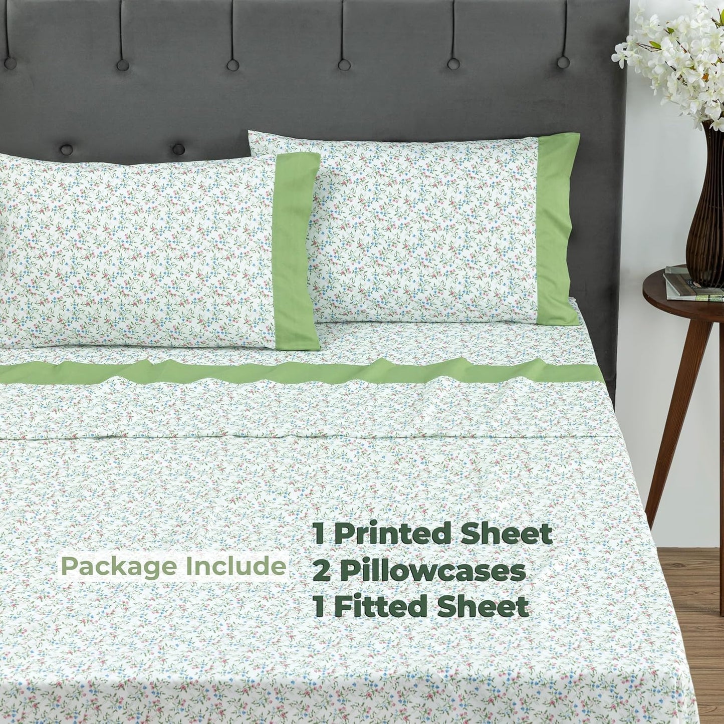 Dreamology Queen Size Sheet Set,4 Pieces Microfiber Sheet,Printed Sheet Set with Solid Cuffed Detail,Includes 1 Flat Sheet,1 Deep Pocket Fitted Sheet and 2 Pillowcases,Queen Bed sheets – Ditsy Flowers