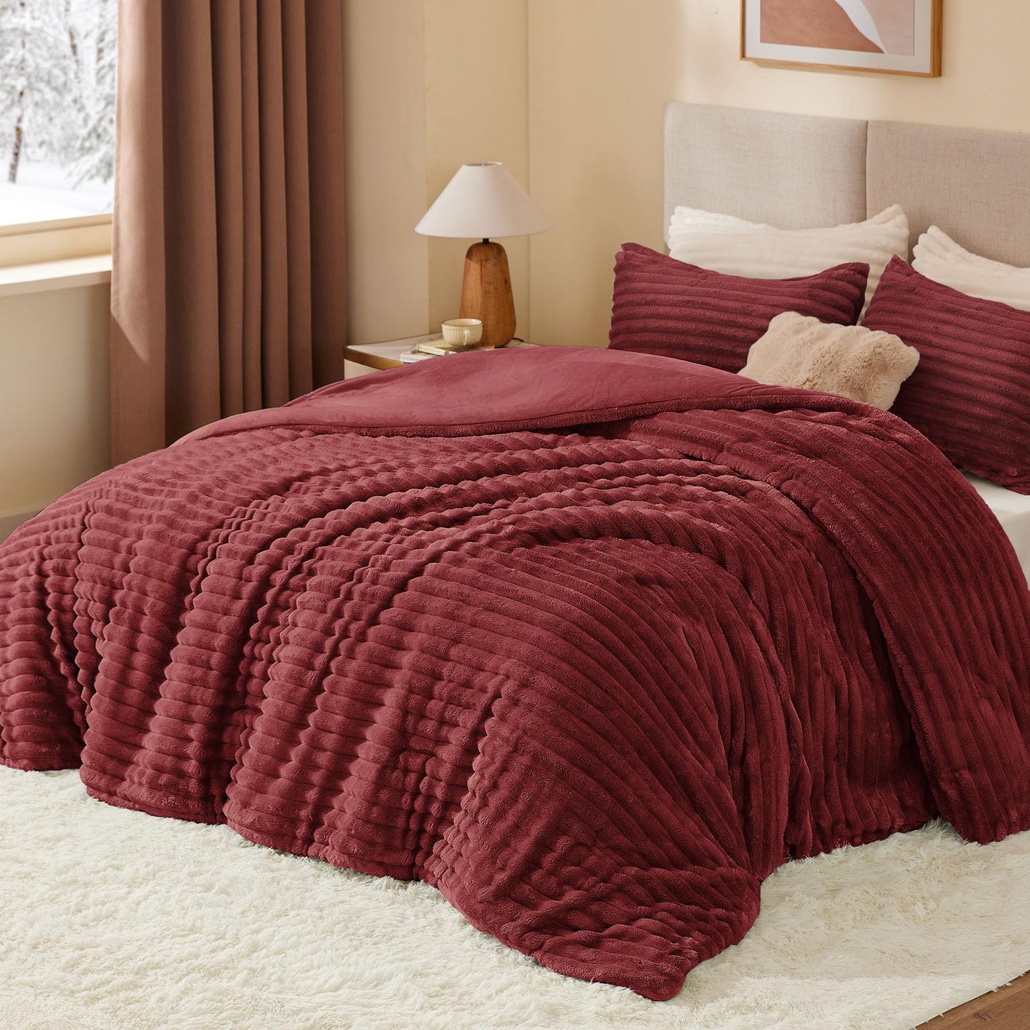 BEDELITE Fleece Queen Comforter Set -Super Soft & Warm Fluffy Burgundy Bedding, Luxury Fuzzy Heavy Bed Set for All Season with 2 Pillow Cases
