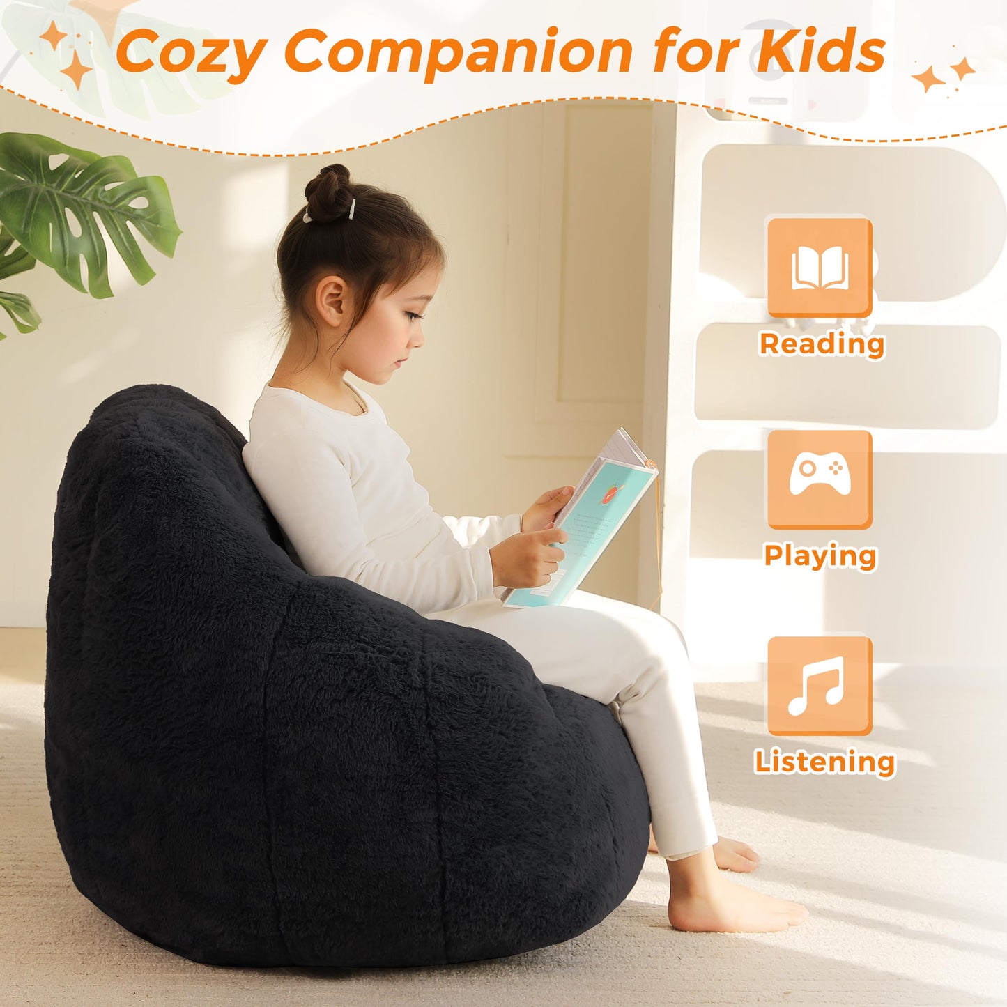 MAXYOYO Kids Bean Bag Chair, Comfy Bean Bag Sofa with Back Support, Faux Fur Cute Chair for Boys and Girls, Stuffed Floor Sofa for Nursery, Bedroom, Black