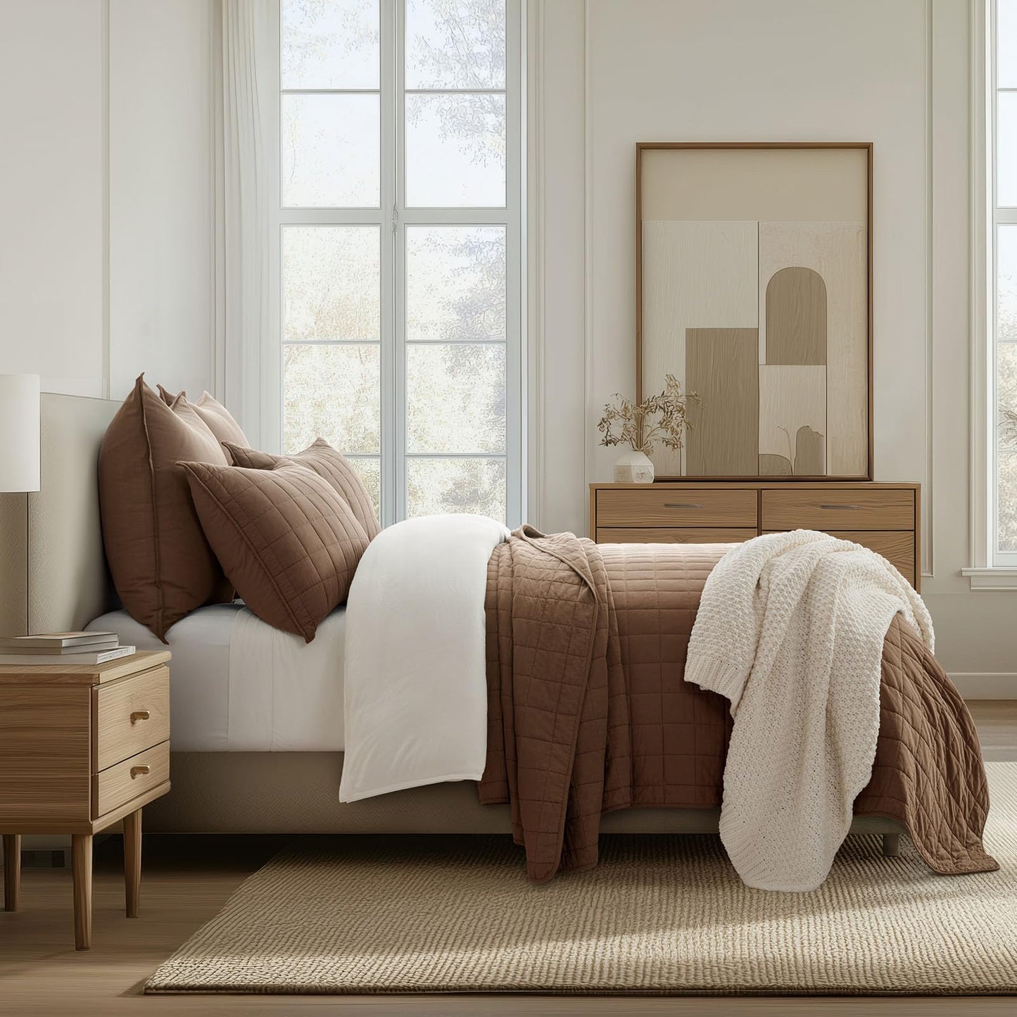 EVERGRACEHOME 100% Cotton Box Stitch Quilt Bedding Set Queen Size 3 Pieces, Garment-Washed Lightweight Soft Cozy Coverlet, Quilted Bedspread Sets with 2 Shams for All Season, Sienna Brown