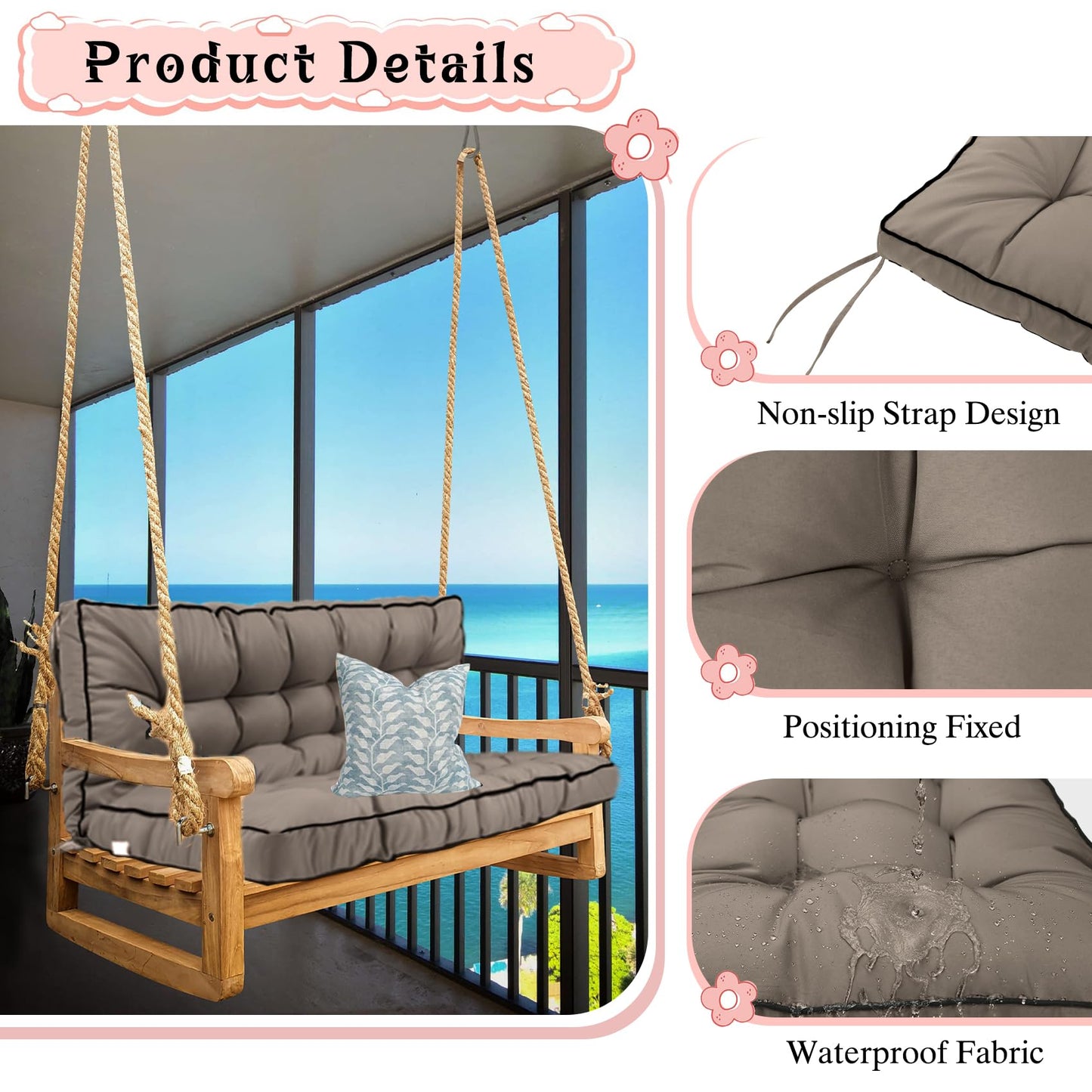 2-3 Seat Swing Replacement Cushion, Outdoor Bench Cushions with Backrest Thicken 4", Patio Furniture Garden Porch Loveseat Glider Pad Anti-Fading Waterproof (Khaki, 40x55in)