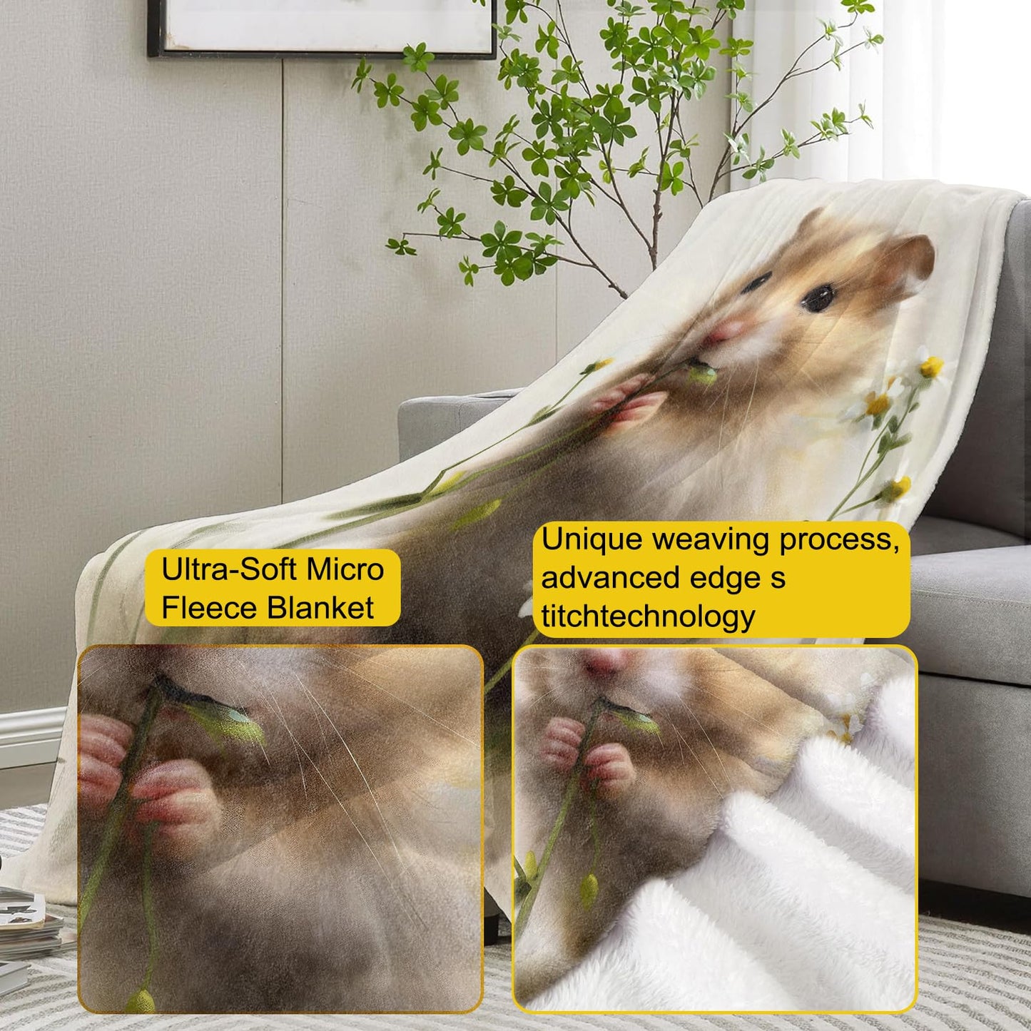 VANZEV Cute Hamster Blanket,Anime Floral Flannel Throw Blankets,Soft Warm Lightweight Cozy Plush Throws for Bedroom Sofa Home Decor Gifts for Pet Lovers Kids Boys Girls 50"x60"