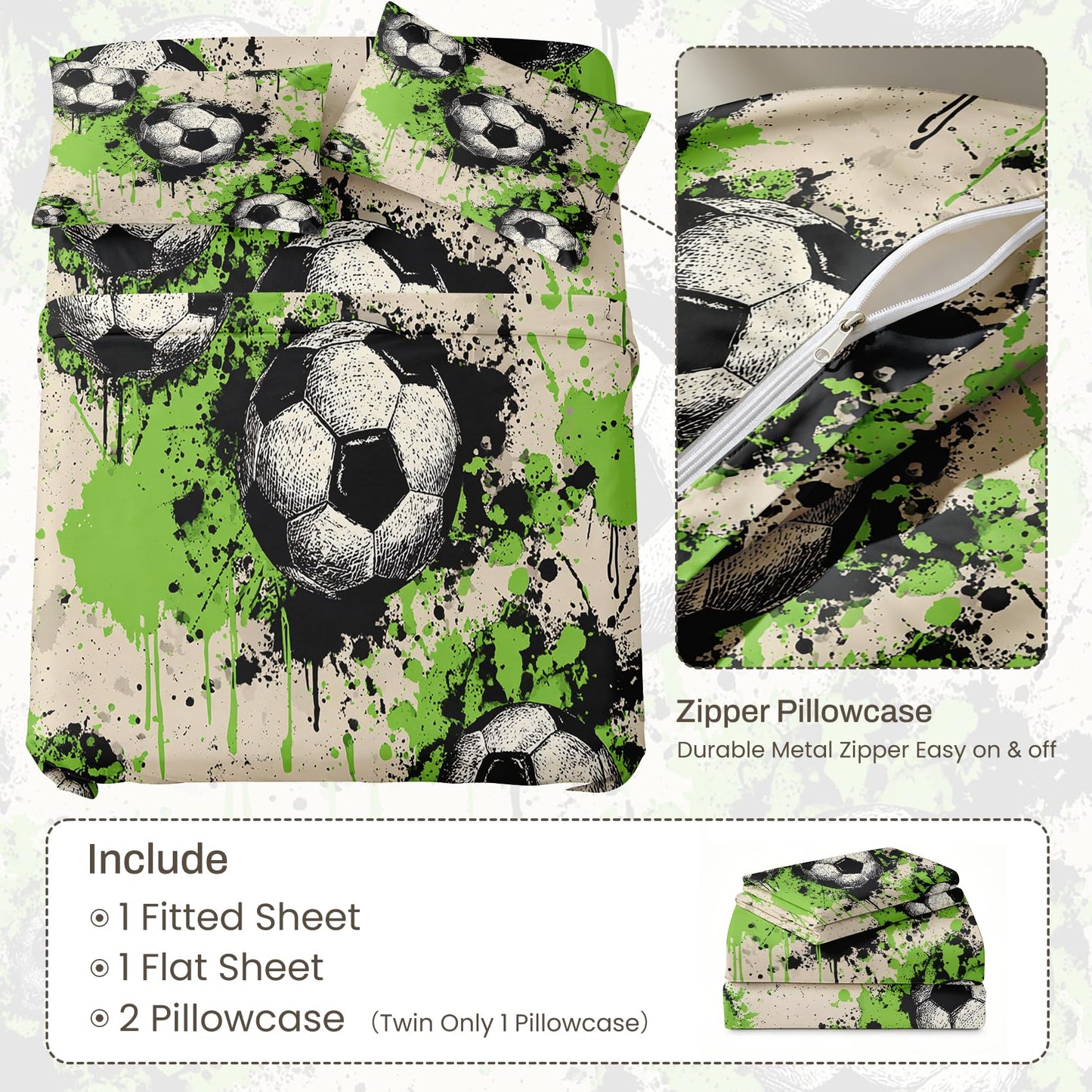 Graffiti Soceer Sheet Set, 4 Pcs Queen Size Boys Bed Sheets, Beige