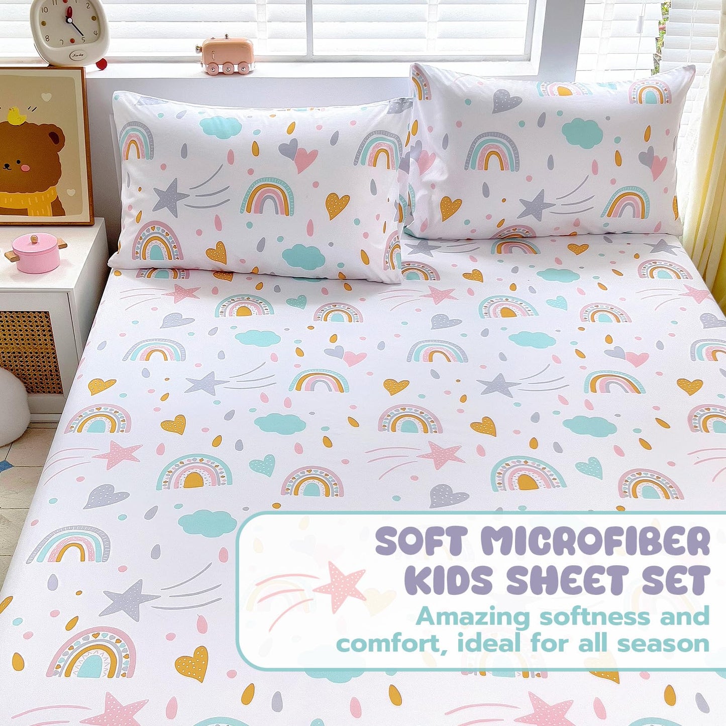 Homilay Full Sheet Set Kids - Sky Blue 4 Pieces Soft Microfiber Cartoon Style Bedsheets for Boys Girls Teens, Oeko TEX Breathable 15 Inch Deep Pocket Sheets(Rainbow)