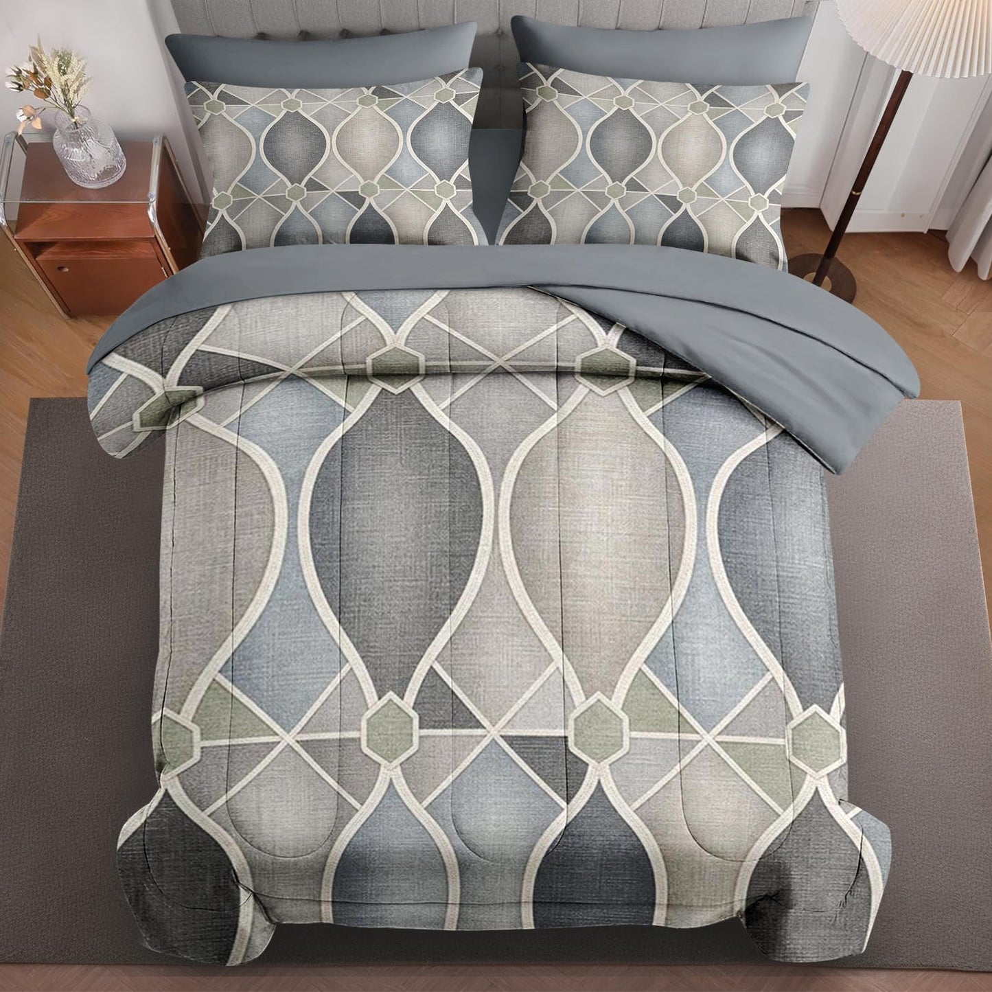 Boewywh Comforter Set Twin Size Geometric Abstract Modern 7 Pcs, Bedding for Kids and Adults, Grey Neutral Bed Sheet Sets with Fitted Sheet 2 Pillowcases & 2 Shams for Bedroom Bed Decor