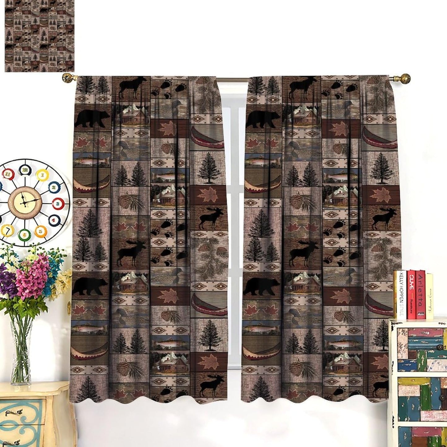 SHElifestyle Rustic Moose Deer Curtains, Retro Rustic Cabin Cottage Elk Pine Lodge Country Style Farmhouse Blackout Windows Door Curtain for Bedroom Living Room 42x45in