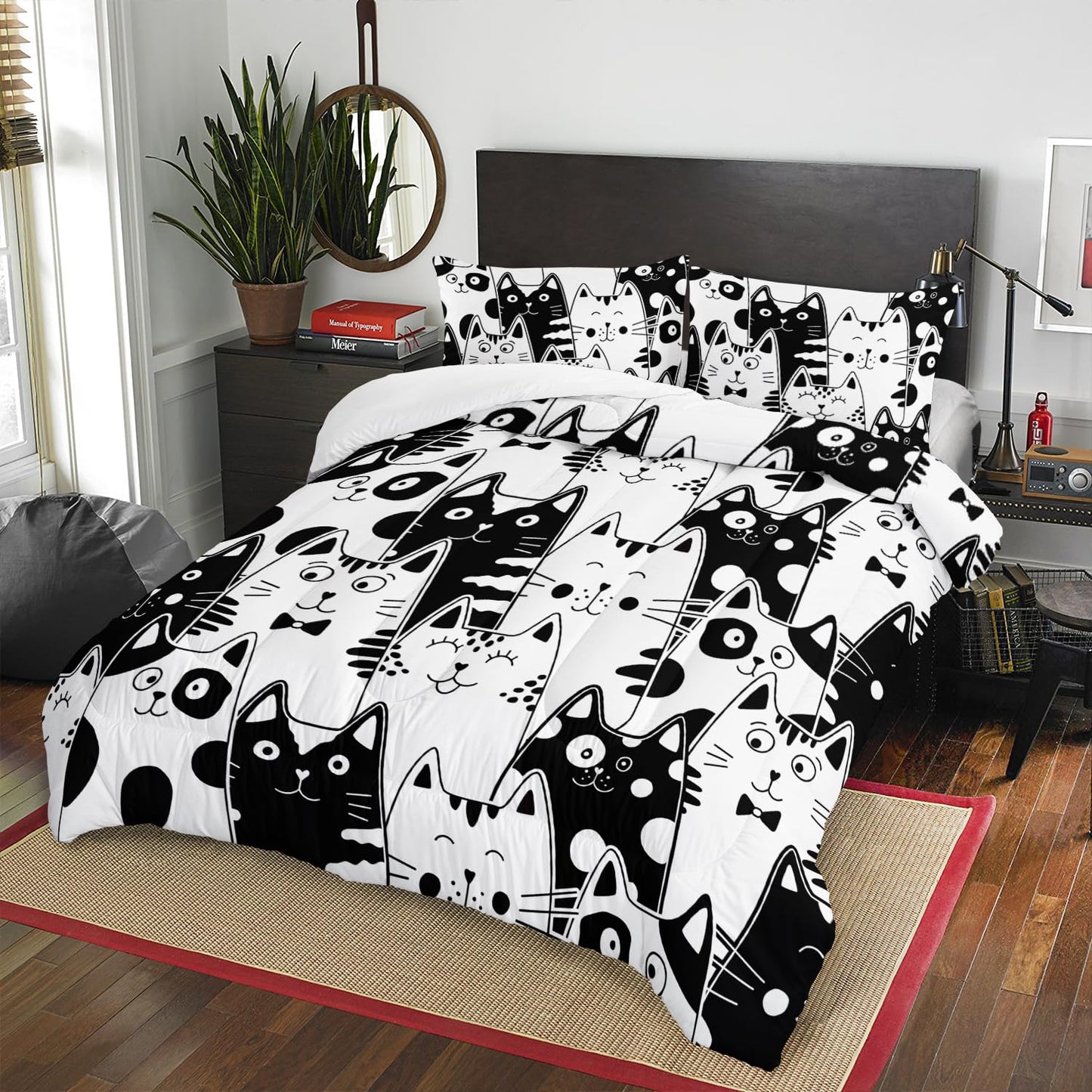 Nttopship Black and White Cat Comforter Set Queen,Kawaii Cat Butterfly 3 Pieces Bedding Set for Teens Kids,Cartoon Down Alternative Bed Comforters Bedding Sets for All Season