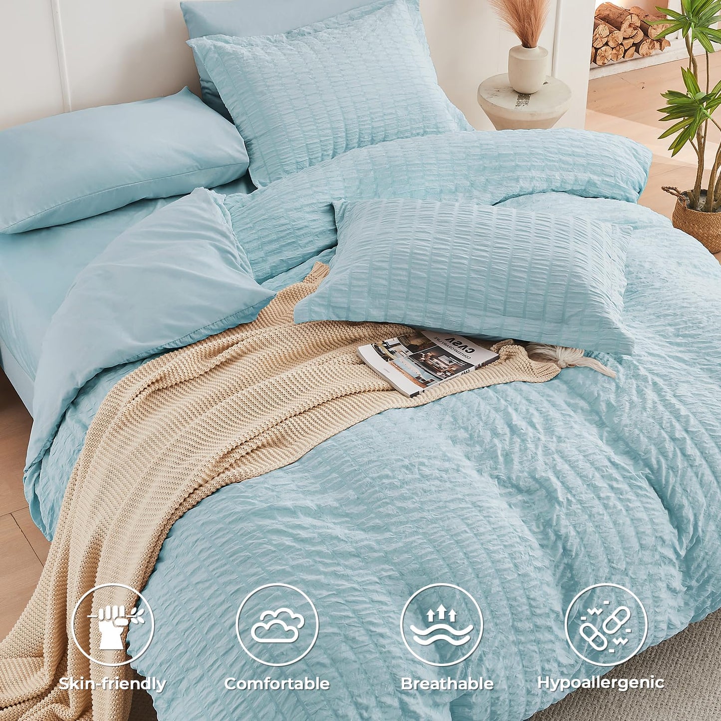 HYMOKEGE Lake Blue Oversized Queen Comforter Set Seersucker 7 Pieces, All Season Luxury Bed in a Bag for Bedroom, Bedding Set with Comforter, Sheets, Pillowcases & Shams