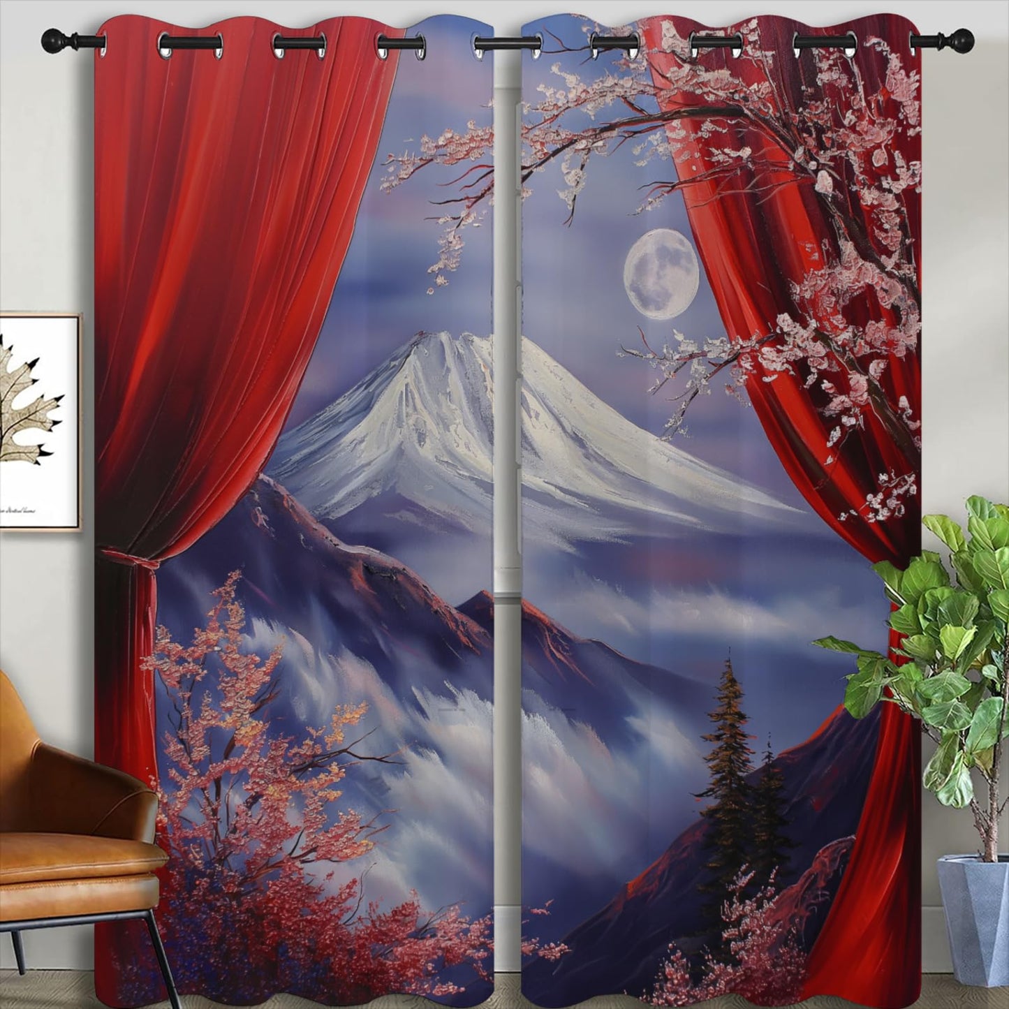 LHROOMJK Japanese Style Blackout Curtains for Boys Girl Bedroom Home Decor,Anime Art Asian Mt. Fuji Cherry Blossom Moon Thermal Insulated Grommet Darkening Living Room Window Drapes, 72 x 63 inch
