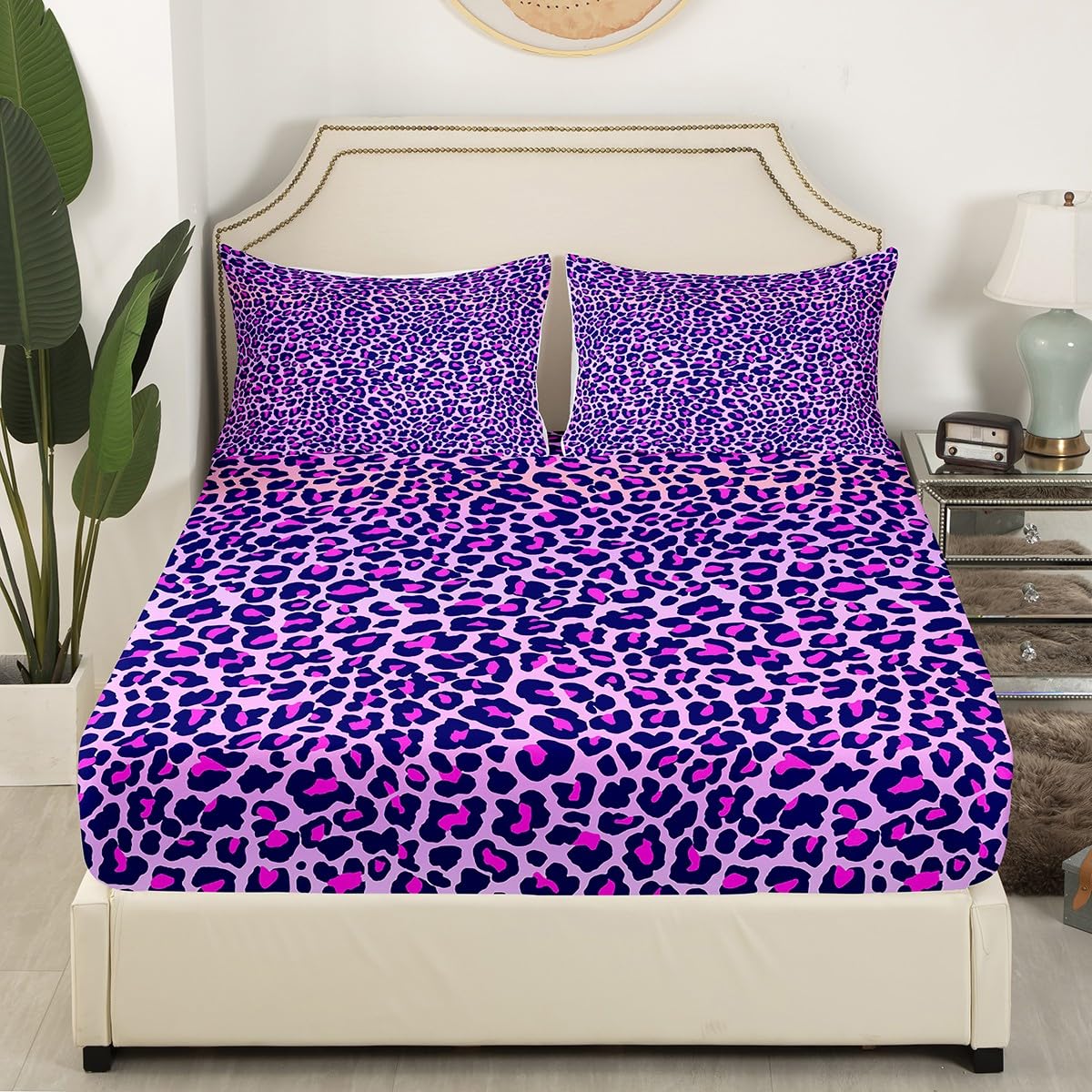 Feelyou Leopard Print Fitted Sheet Purple Cheetah Print Bedding Set Wild Animal Theme Bed Sheet Set for Girls Children Teens Bedroom Decor Stripe Bed Cover Twin Size with 1 Pillow Case