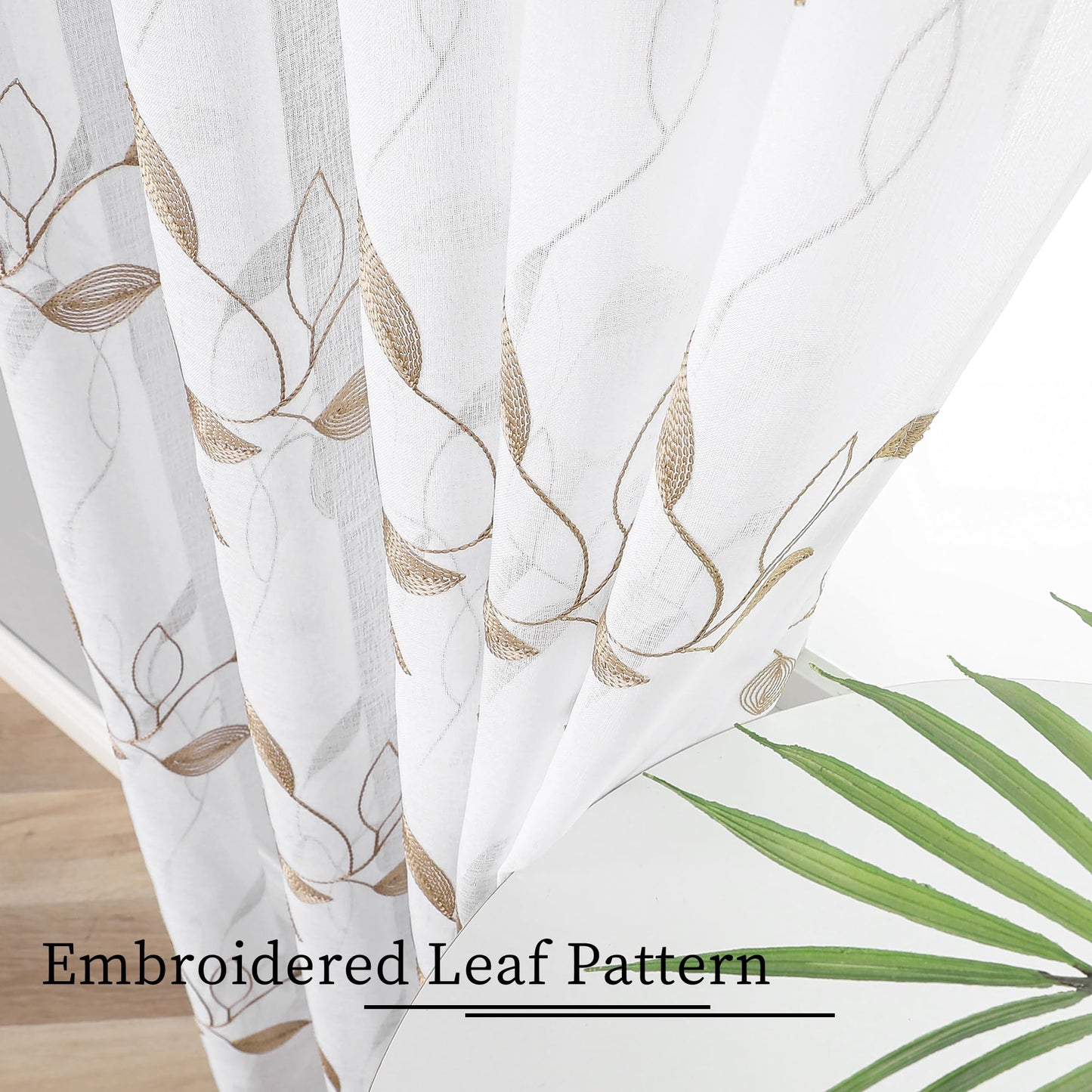 Tollpiz Taupe Leaf Sheer Curtain Leaves Embroidered Bedroom Curtains Rod Pocket Voile Window Treatments for Living Room, 38 x 63 inches Long, Set of 2 Panels