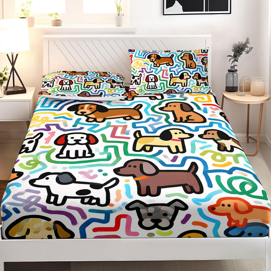 AILONEN Colorful Cartoon Dog Puppy Twin XL Size Bed Sheets Set for Boys Girls Teens,Doodle Print Bedding Sets for Bedroom Decor,1 Bedsheets Set with 2 Pillowcase,Soft for All Season