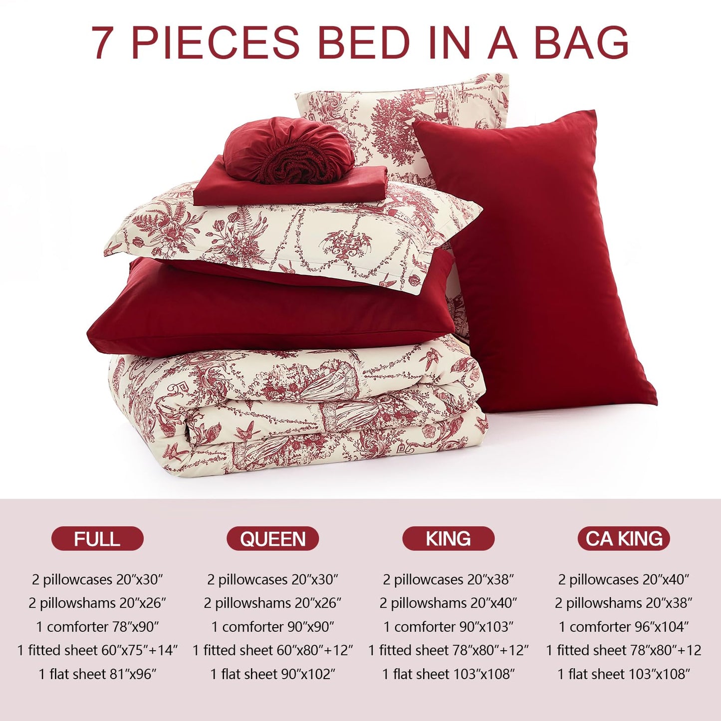 Red Comforter Set Queen 7 Piece Bed in a Bag Toile de Jouy Botanical Comforter with Sheet Set Soft Micorfiber Bedding Set (1 Comforter,2 Pillow Shams,1 Flat Sheet,1 Fitted Sheet,2 Pillowcases)