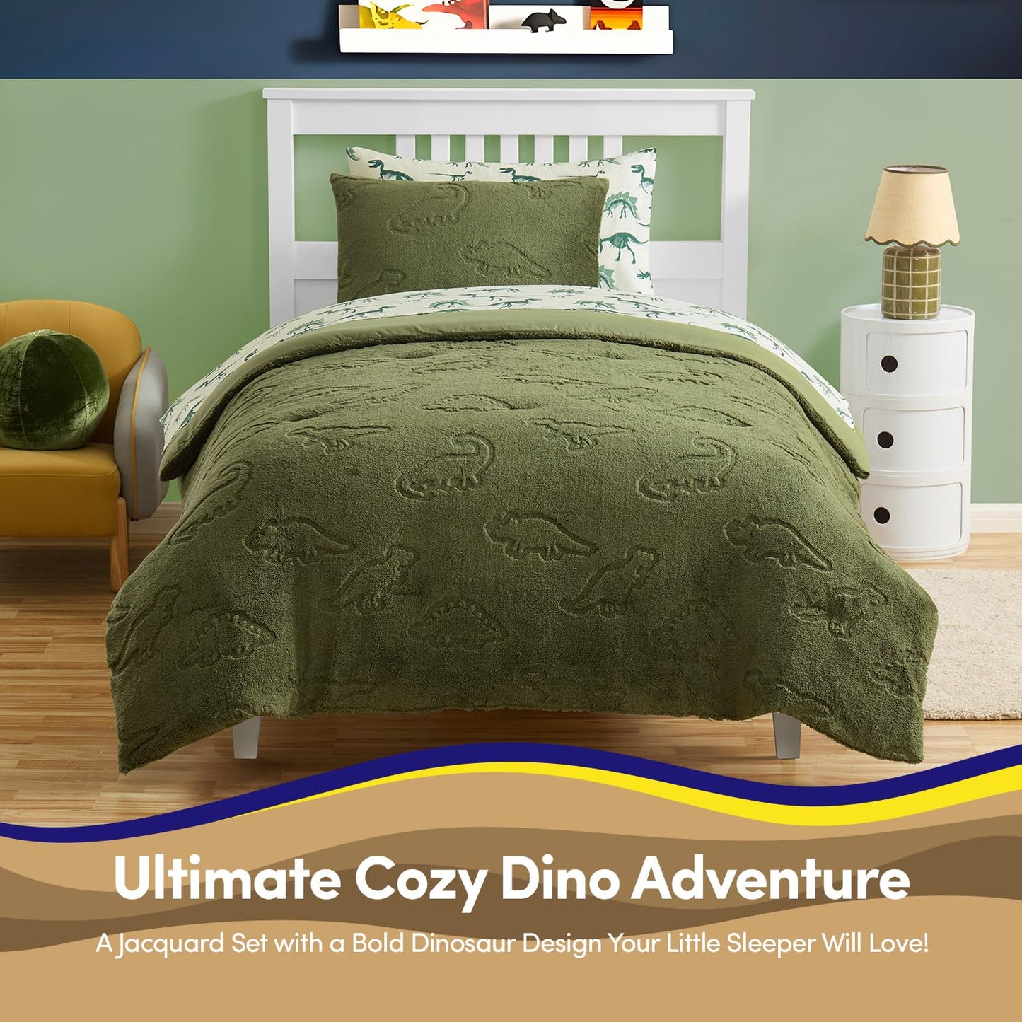 Twin Size Kids Comforter Set - Dinosaur Embossed Bedding Set Bed in a Bag for Boys and Girls Toddlers Sheet Set and Comforter, Dinosaur Embossed