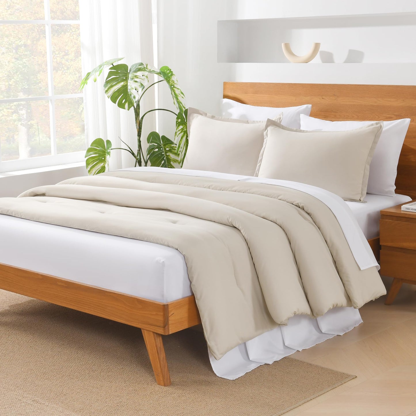 Andency Beige California King Comforter Set - 7 Pieces Cream Bed in a Bag Cal King Bedding Comforter Sets, Summer Solid Soft Lightweight Comforter with Fitted Sheets, Flat Sheets, Pillowcases & Shams