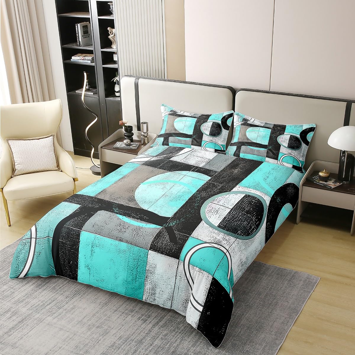 jejeloiu Shallow Green Circle Duvet Cover 100% Cotton King Size Kids Abstract Geometric Comforter Cover for Boys Girls Teens Stripe Line Bedding Set Breathable Soft Room Decor