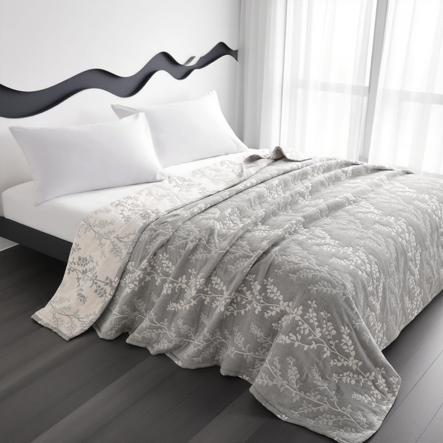 NTBAY 3 Layers Cotton Muslin 106x92 King Bed Blanket, Super Soft Breathable Thermal Yarn Dyed Quilt for Adults, Perfect Lightweight Blanket for Couch Sofa Bed All Seasons, Grey Tree