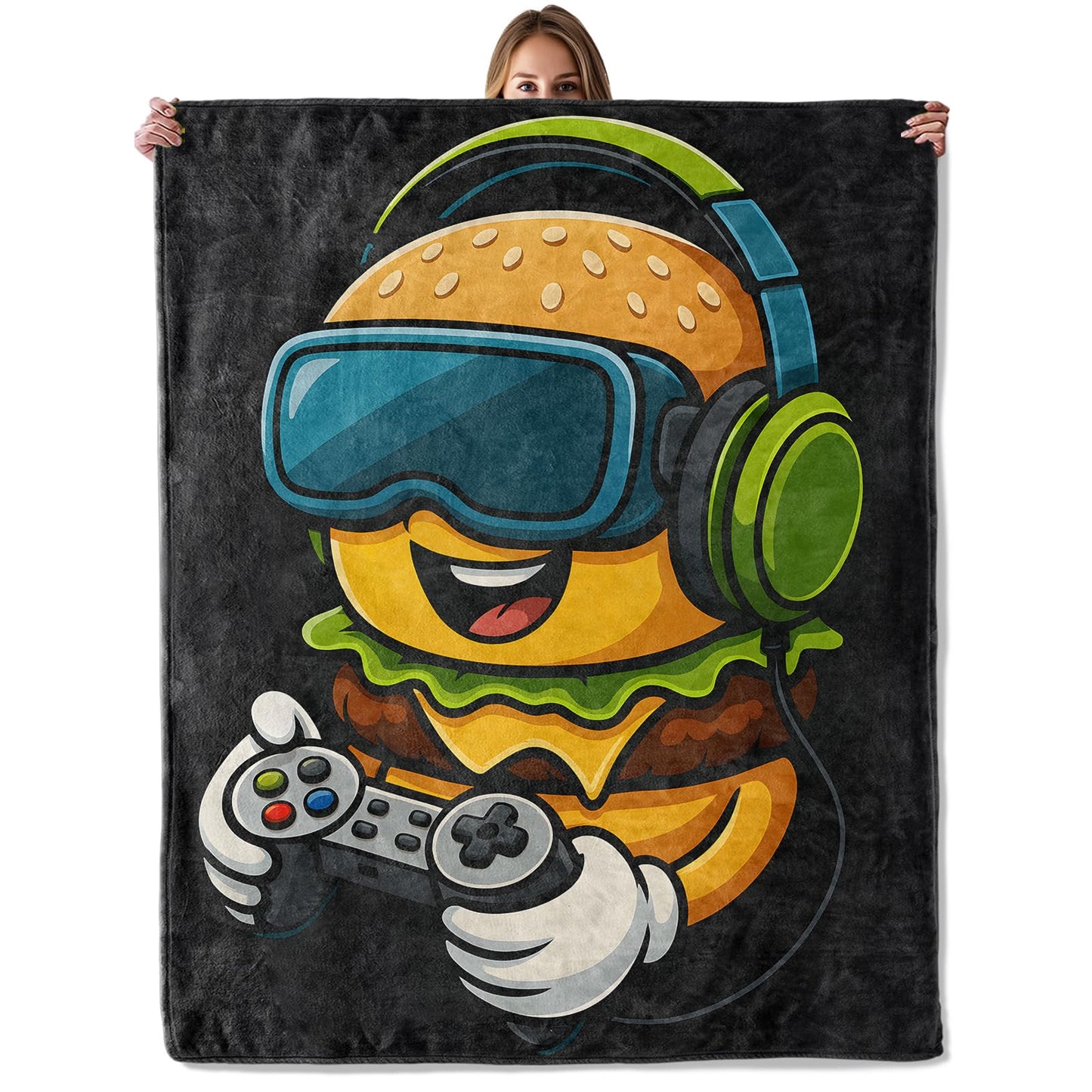 Funny Gamer Burger Throw Blanket for Boys Girls Women, 50x60 in, Cozy Soft Warm Fleece Fun Cartoon Hamburger Blankets Gifts for Couch, Camping, Hiking Home Cabin Dorm Farmhouse Decor