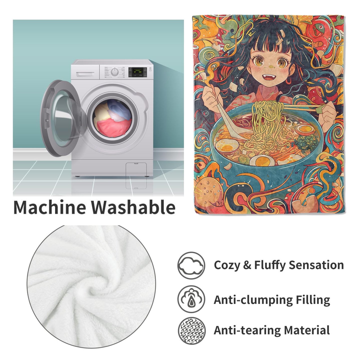 VANZEV Ramen Girl Blanket Gifts for Anime Fans Women, Anime and Foodie Flannel Blanket, Soft Warm Lightweight Throw Blankets for Bed Couch Home Travel Decor 50" x 60"