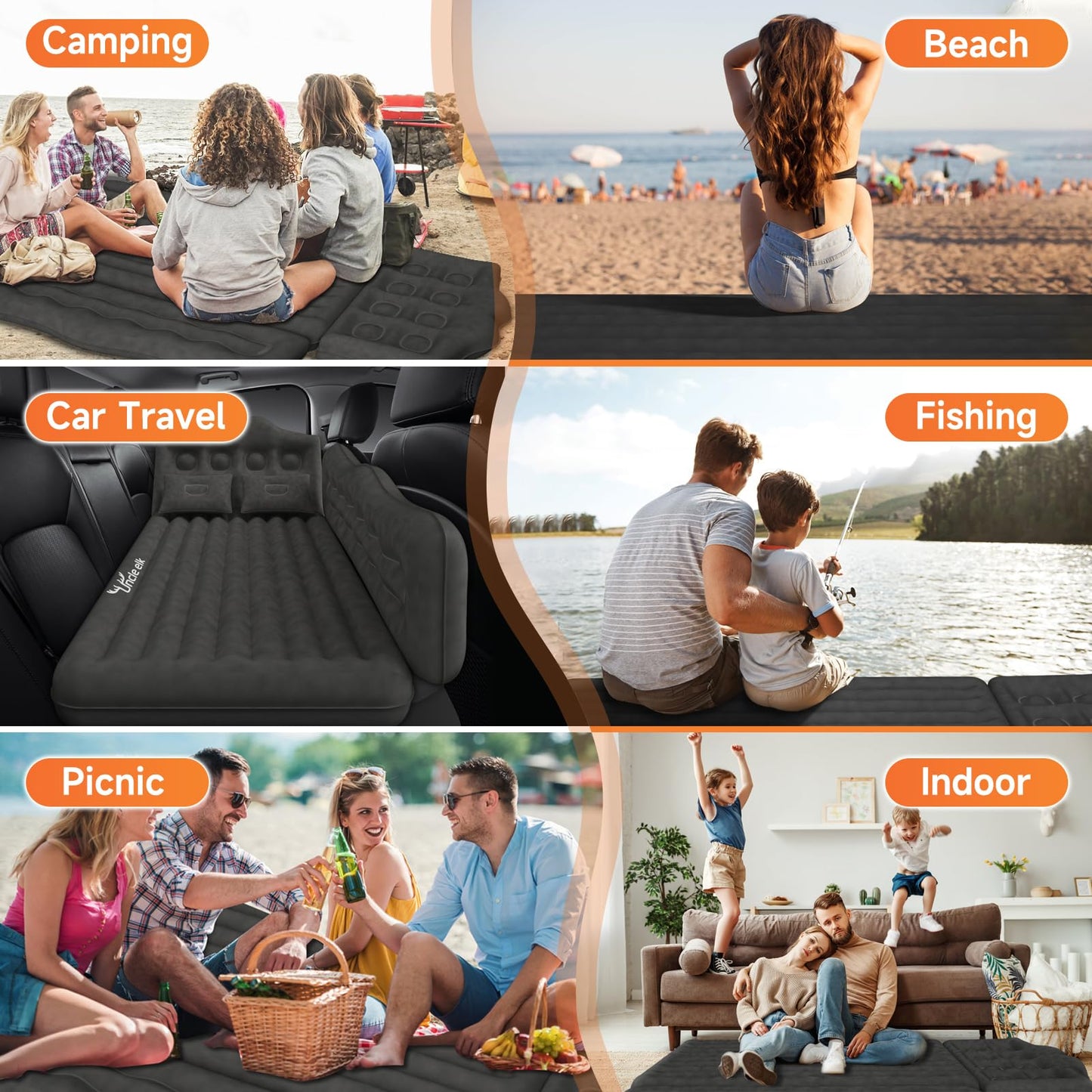 Uncle elk Car Air Mattress Bed - Inflatable Back Seat Air Mattress with Upgraded Wear-Resistant Pongee Bottom, Thick Camping Sleeping Pad with 2 Pillows & Air Pump, Fits Sedan/Truck/SUV, Black