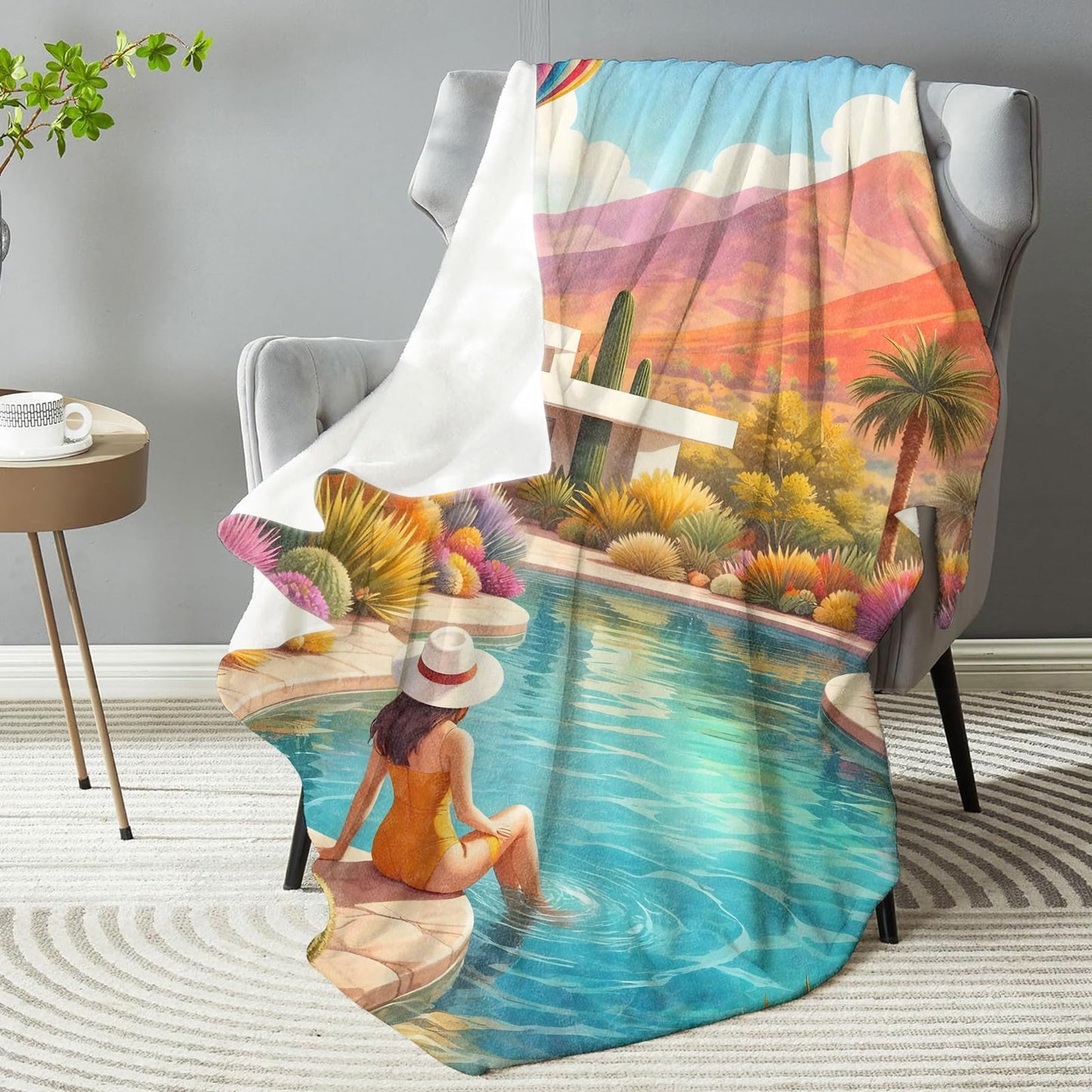 dhakalrlde Cactus Pool Blanket, Soft Palm Trees Hot Air Balloon Scenic Throw Blanket Gifts for Women Girls Adults, Lightweight Warm Cozy 60×50 inch Flannel for Couch, Travel, Bed, Decor