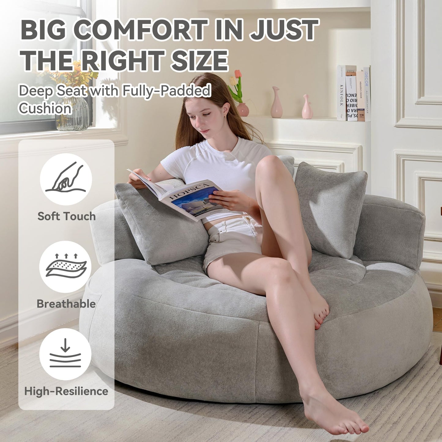 Lyon Sence Bean Bag Chair, Big Beanbag Chairs with 3 Pillows, Oversized Bean Bag Chair for Living Room, Large Beanbag Chairs for Teens Adults (Faux Fur in Light Gray, 52" D×52" W×21.2" H)