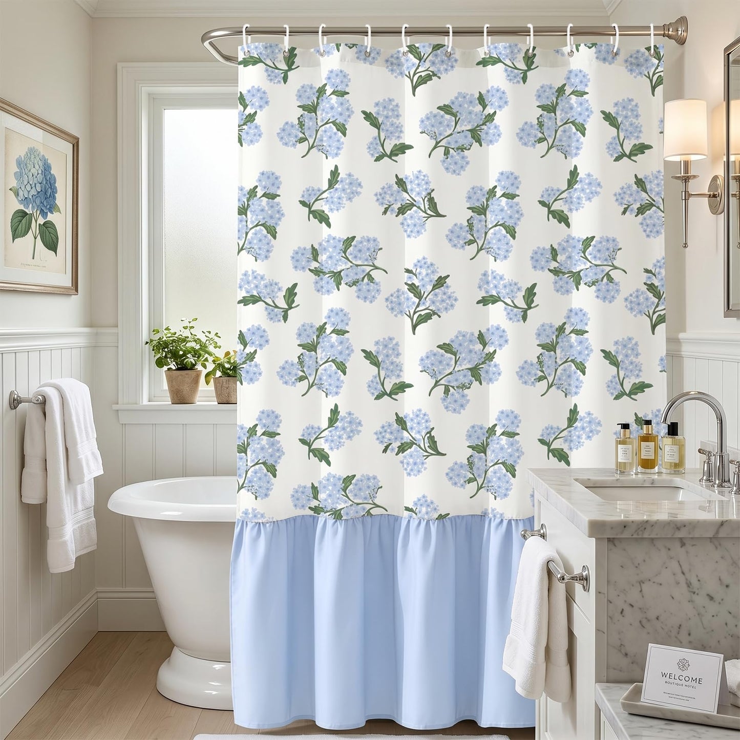 FYSUIMU Linen Textured Ruffle Shower Curtain with 12 Hooks Blue Hydrangea Floral Block Print Waterproof Bath Curtain for Summer Farmhouse French Country Bathroom Decor, 72 x 72 Inch