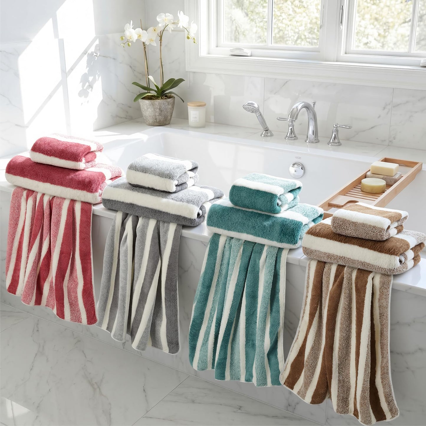 Newwiee 12 Pcs Stripe Bath Towel Sets Microfiber Bathroom Sheet Set Included 4 Highly Absorbent Soft Quick Dry Shower Bath Towels 4 Hand Towels 4 Washcloths for Bathroom, Hotel, Gym and Spa