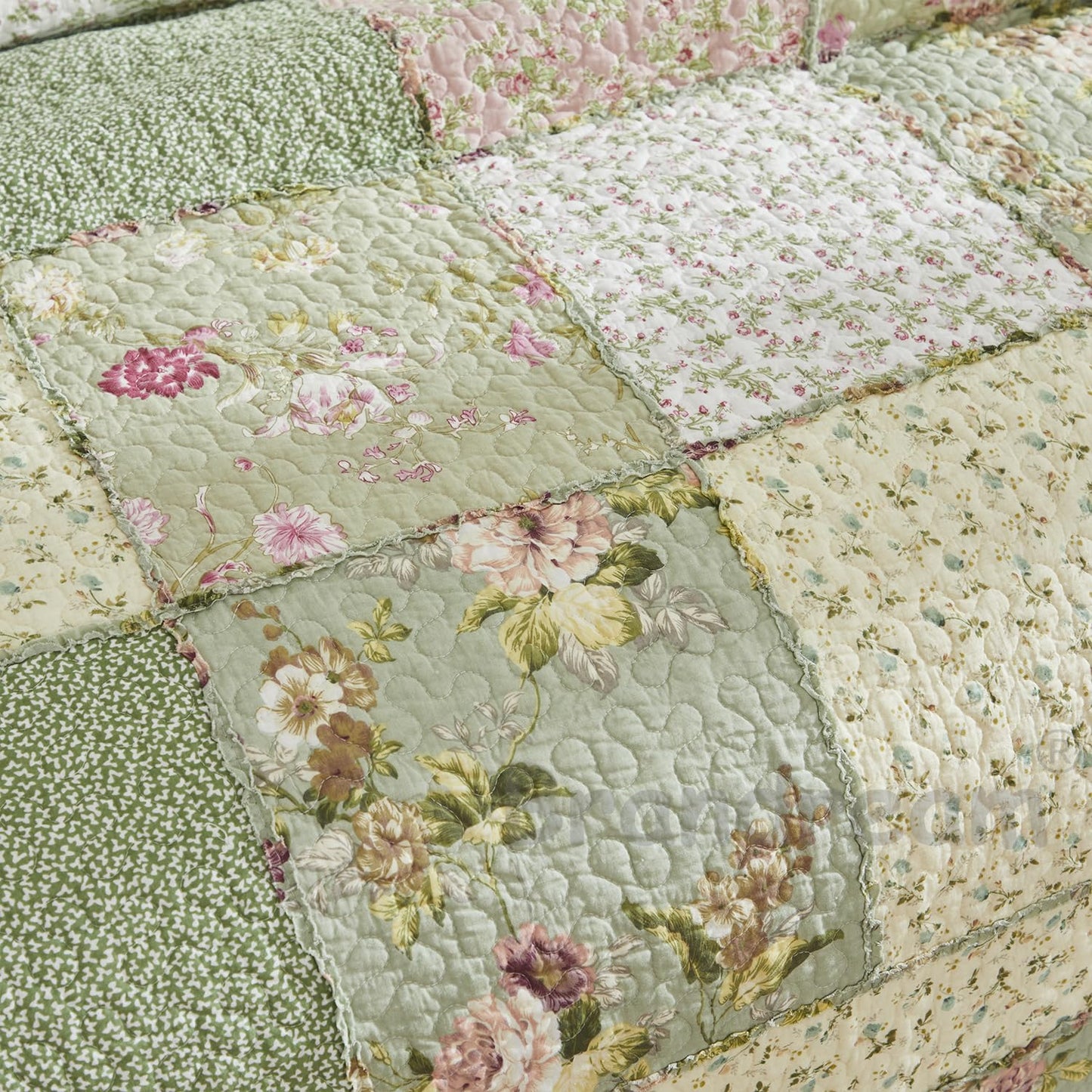 Brandream King Size Quilt Set Cotton Patchwork Quilts Green Rose Floral Quilted Comforter Set Country Rustic Coverlet Set 3-Piece
