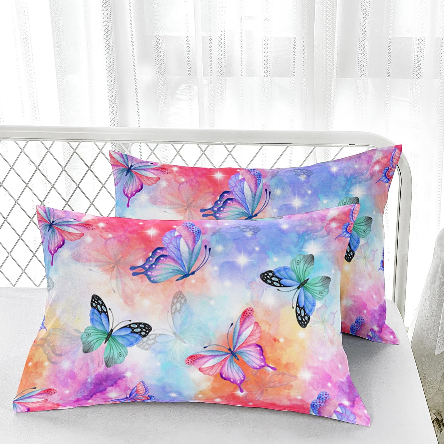 Nttopship Rainbow Butterfly Comforter Sets - Twin Size, Cute Kids Bedding Sets with Galaxy Butterfly Pattern, All Season Comforter and 2 Pillowcases