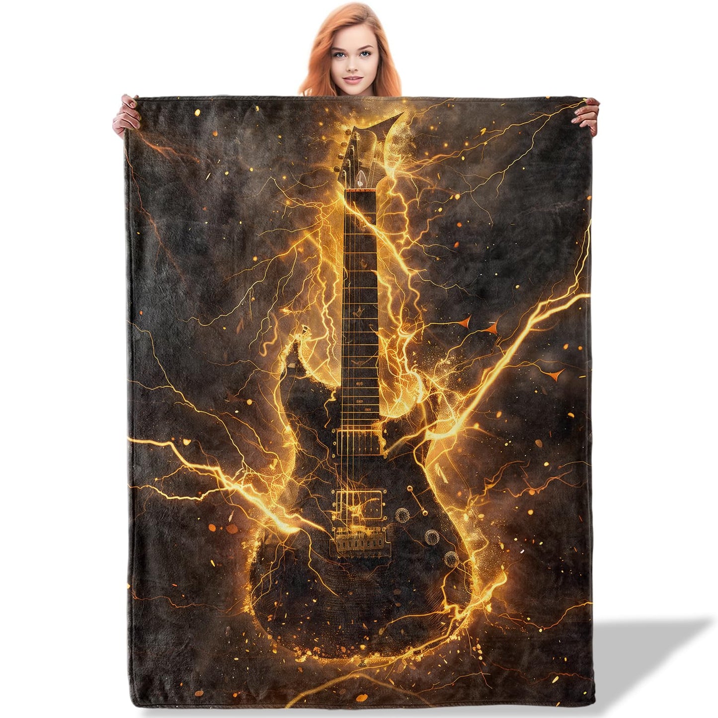 Plistiz Fiery Electric Guitar Throw Blanket 50"x60", Rock Music Theme Blankets for Living Room Couch, Home, Sofa Decor, Soft Flannel Guitar Gifts for Women