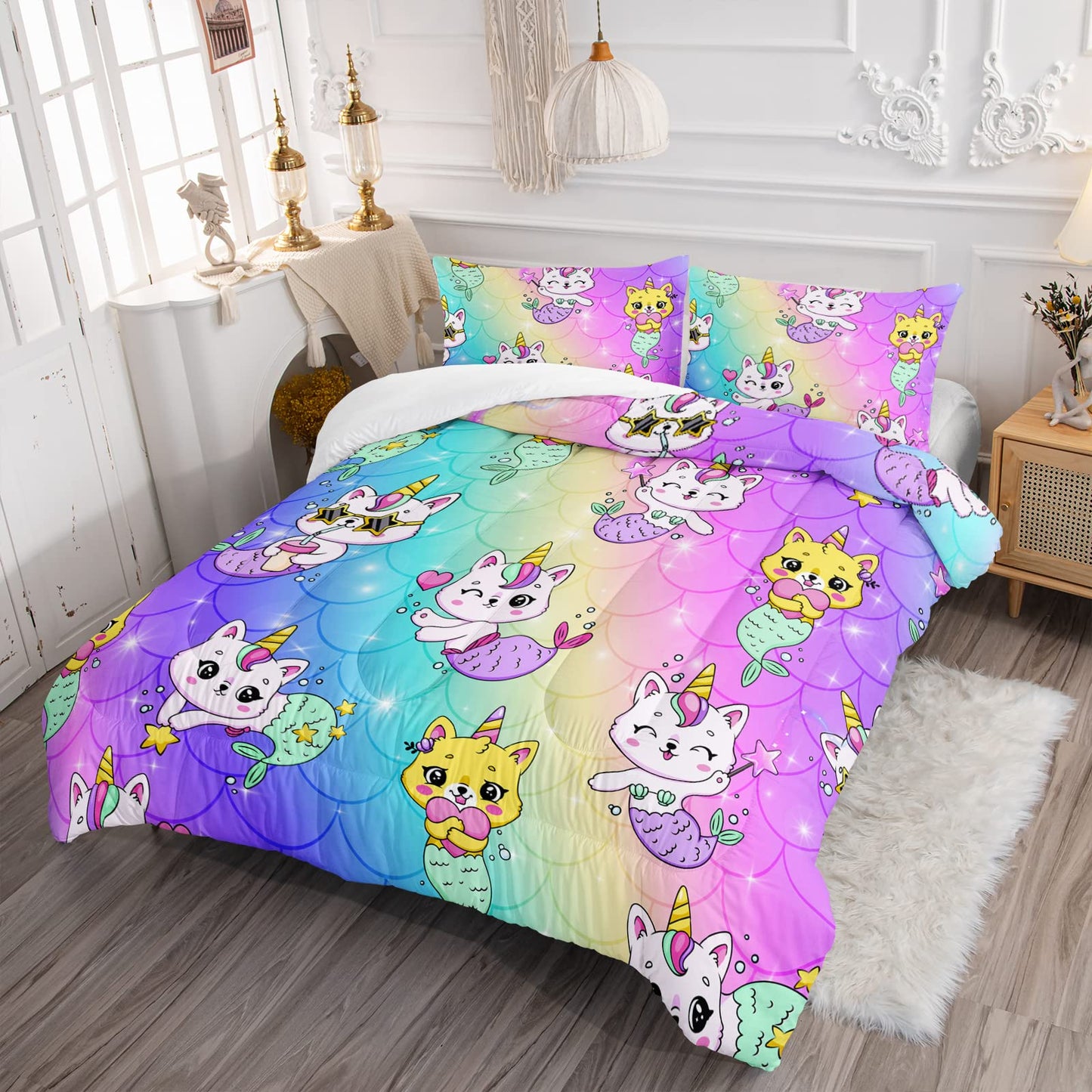 Axolotl Unicorn Cat Bedding Full,Cute Cartoon Cat Comforter Set,Rainbow Mermaid Scales Printed Kids Bedding Set for Girls Kids Adults Teens,Girls Comforter,1 Quilt 2 Pillowcases,Pink Blue Purple