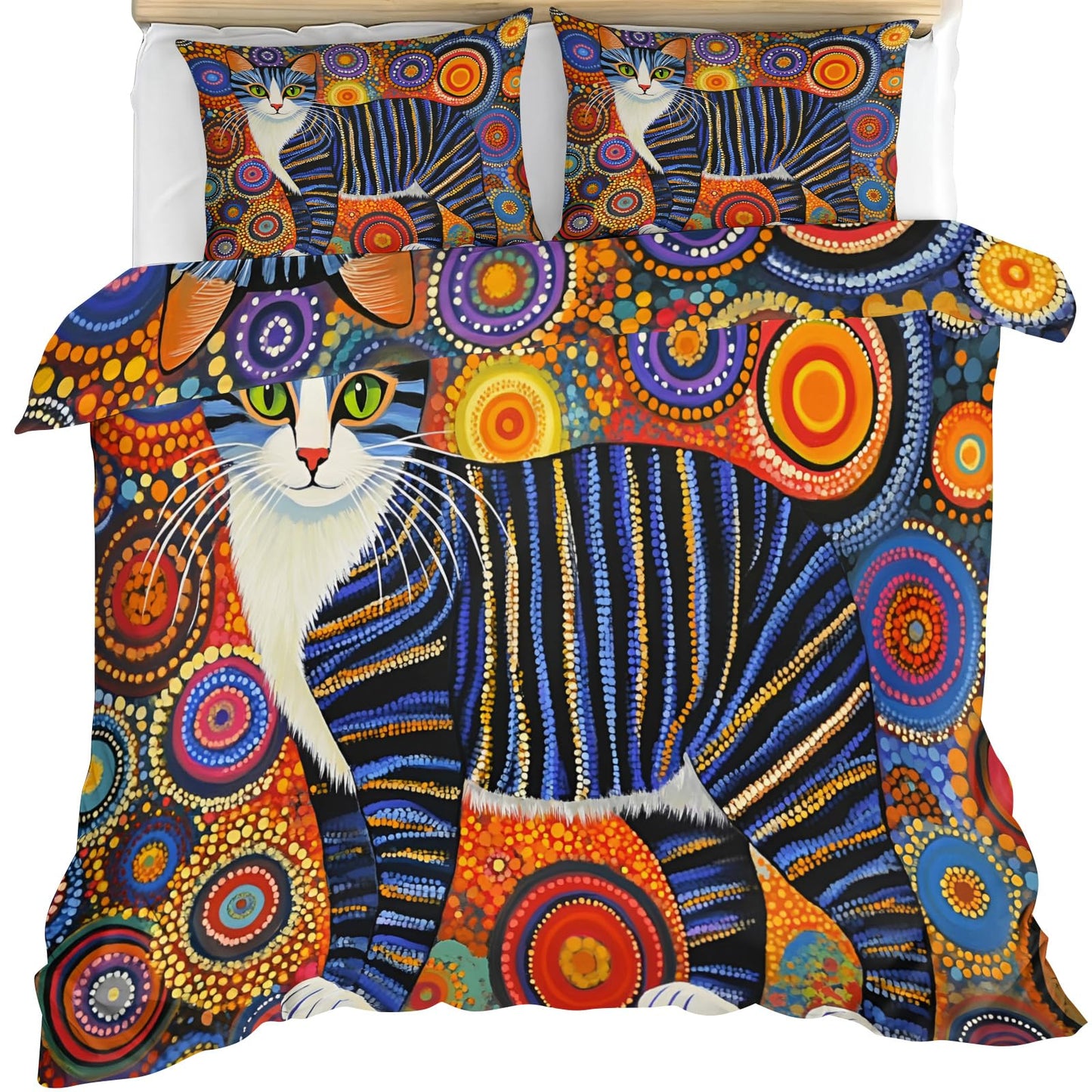 ZAMODE Cat Duvet Cover 90" x 90", Exotic Kitten Bedding Set, Colorful Ethnic Cats Comforter Cover with Zipper Ties