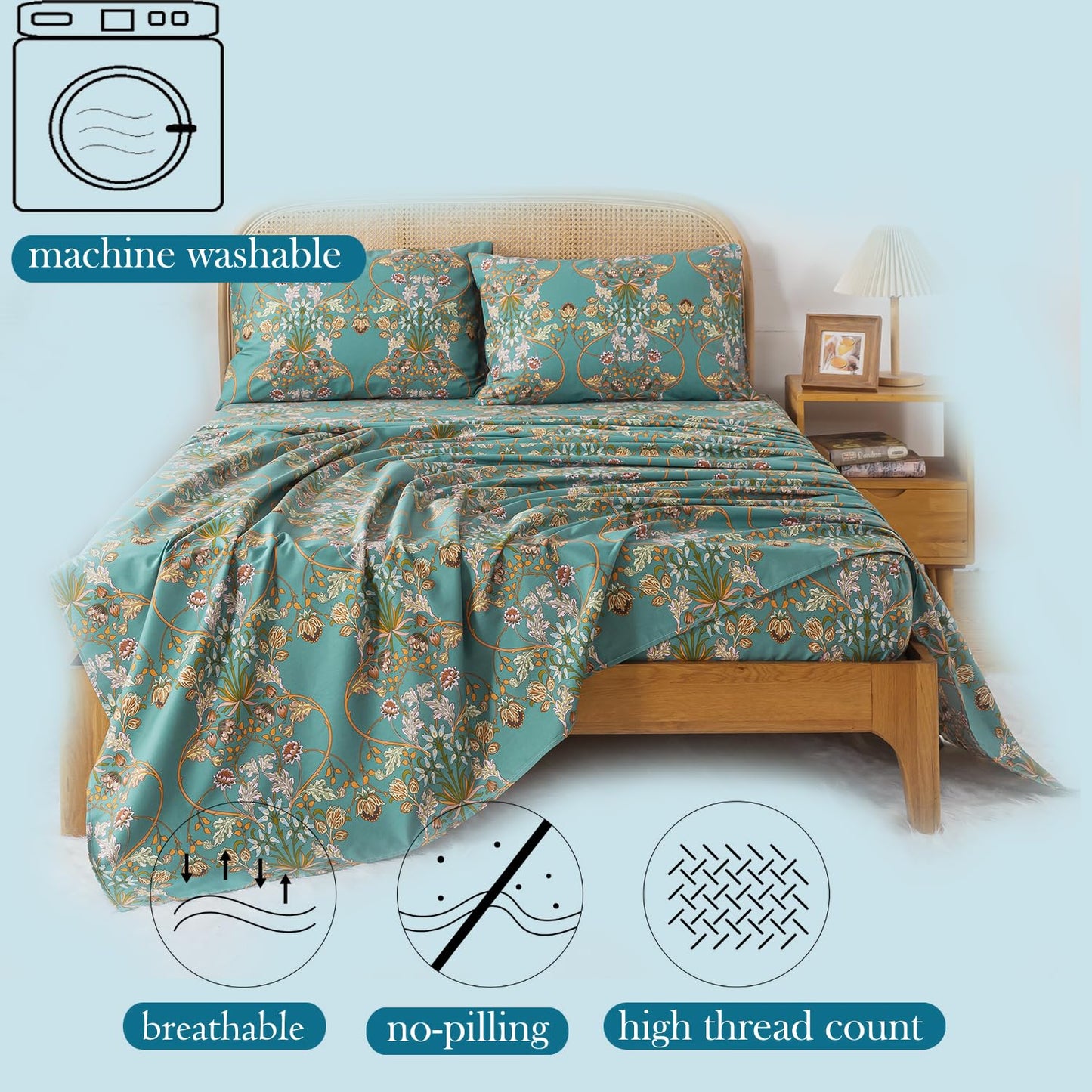 Zusbest Teal Floral Sheets Boho Queen Bed Sheets Set 100% Cotton Percale Shabby Vintage Blue Orange American Style Bedding Luxury Soft Breathable Crisp Bed Deep Pocket Fitted Sheet 4 Piece