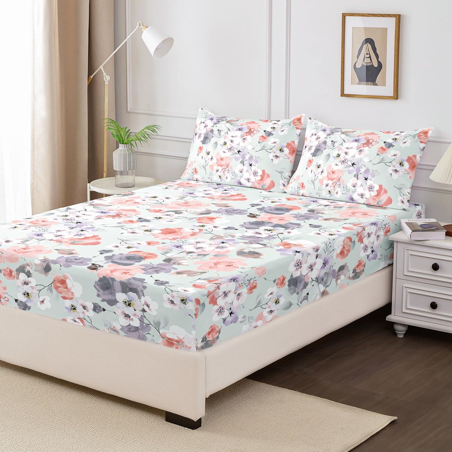 HCORA Floral Fitted Sheet with Pillow Cases, 100% Brushed Microfibre Deep Pocket Fitted Bottom Sheet, Ultra Soft, Shrinkage and Fade Resistant, Full Size