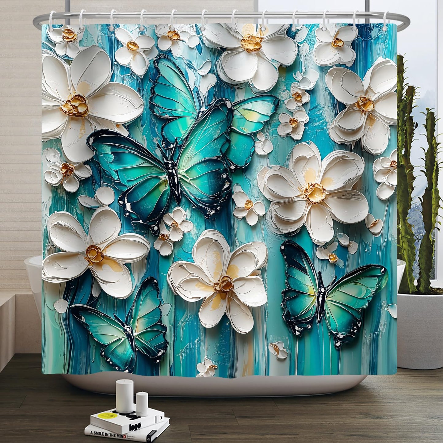 Pnylzzyxh Butterfly Shower Curtain Green Blue Oil Painting White Boho Flowers Bathroom Curtains Rustic Farmhouse Floral Washable Shower Curtain Sets 72x72 in with 12 Hooks