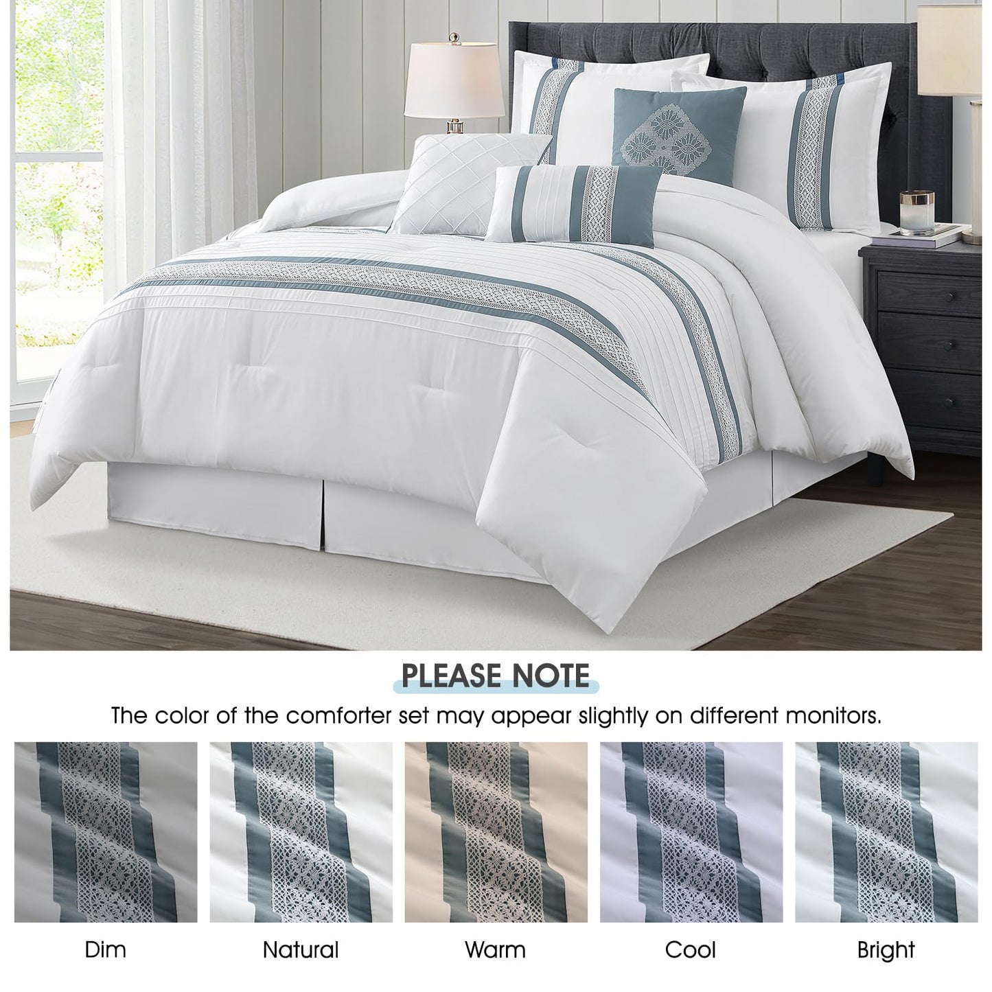 LANCO MODERN LIFESTYLE 7 Piece Comforter Set, Blue White, Queen Size, Boho Style Geometric Microfiber Embroidery, Bed in a Bag with Bedskirt, Pillow Shams and Decor Pillows