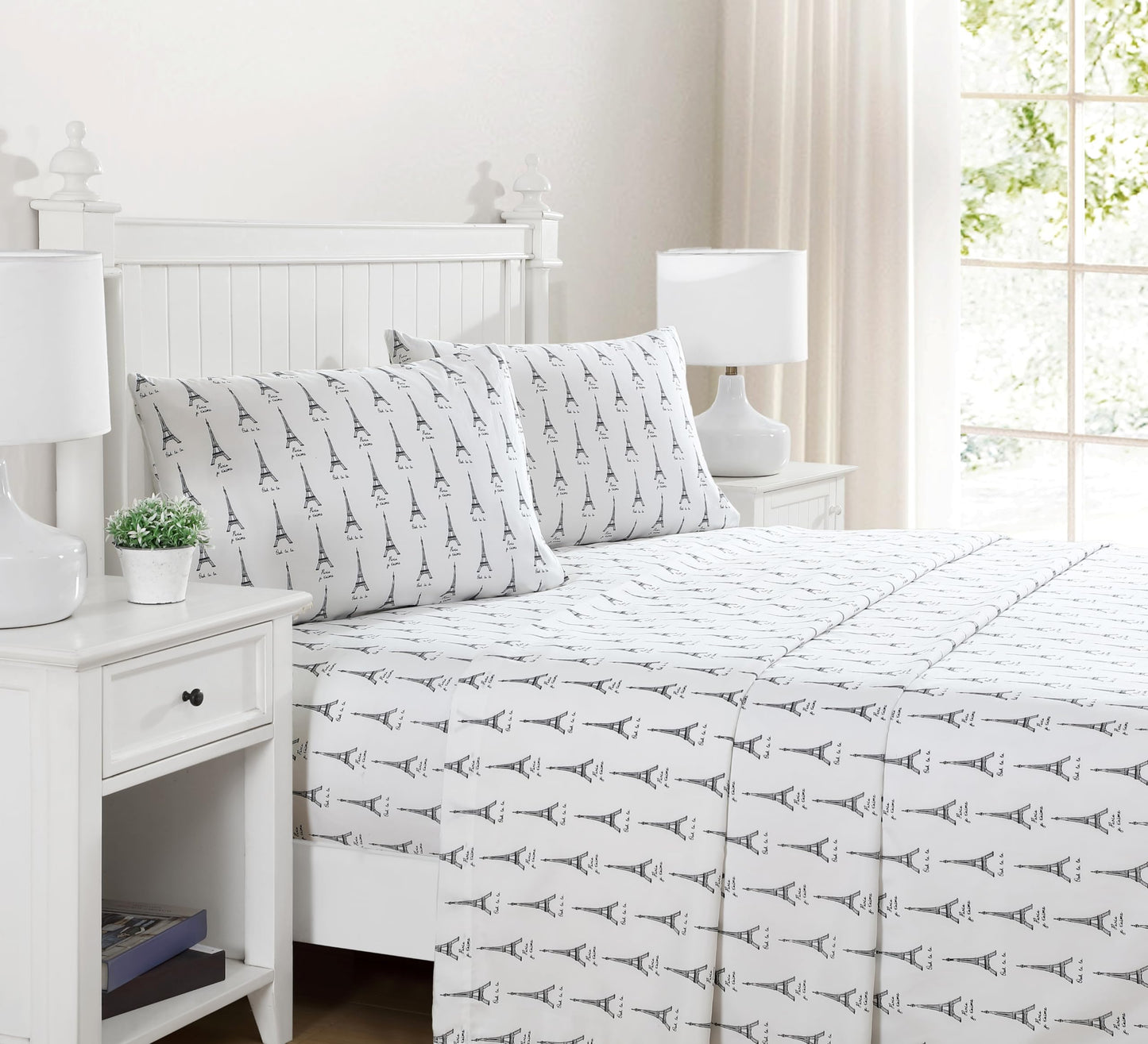 Beatrice Home Fashions Printed Microfiber Sheet Set, Soft Comfortable Easy Care, Includes 1 Fitted Sheet with 12" Deep Pockets, 1 Flat Sheet, Pillowcase, Full, White Paris