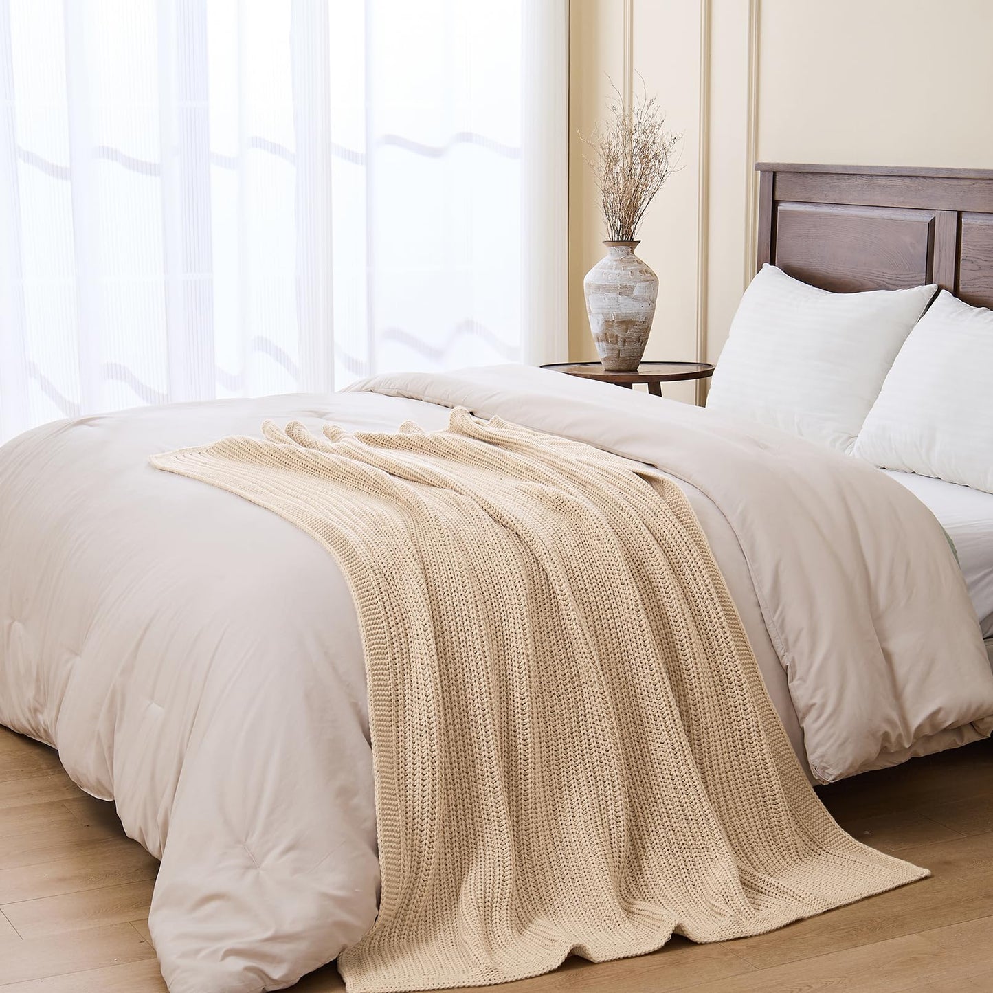 Chunky Knit Beige Throw Blanket for Couch Soft Cozy Thick Cable Knitted Throw for Sofa Bed Cute Decorative Blanket for Living Room,50"x 60",Ginger Beige