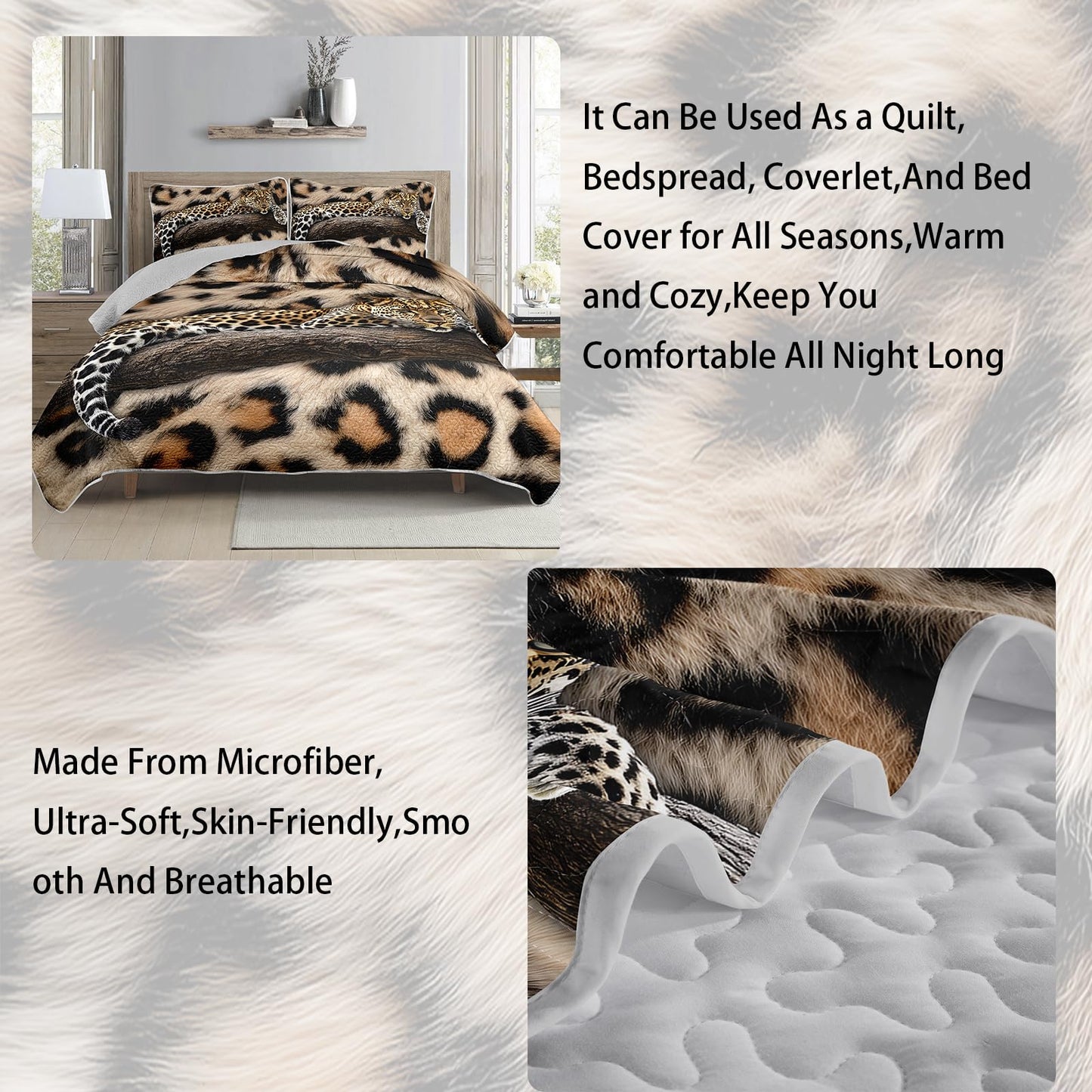 AILONEN Leopard Print Quillt Set King Size,Safari Cheetah Black Brown Bedspread Coverlet for Boys Men,Western Bedding Print Quilt,2 Pillowcases,3-Piece