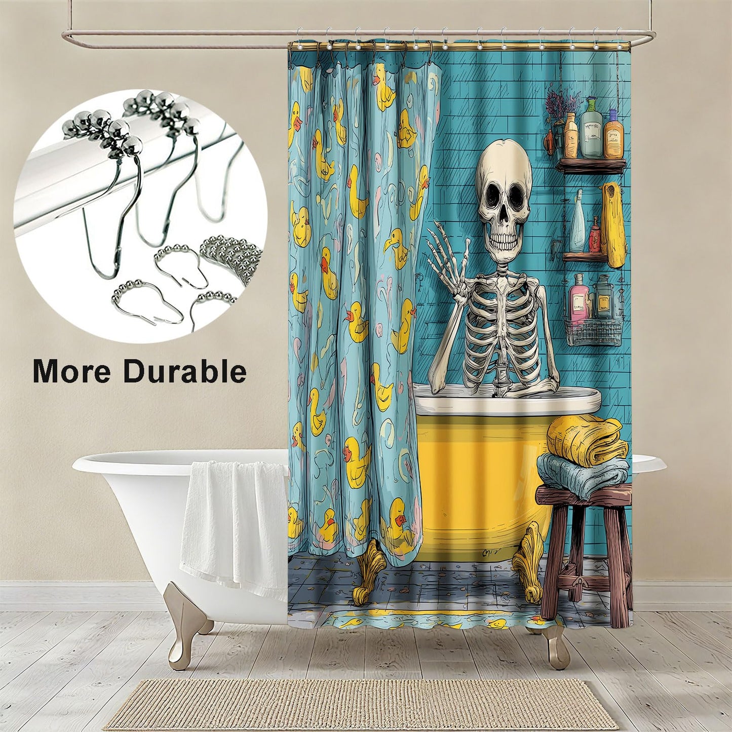 mutakin Funny Gothic Skull Shower Curtain Spooky Skull in Bathtub Shower Curtains for Bathroom Waterproof Fabric Bath Curtain Decor with Hooks