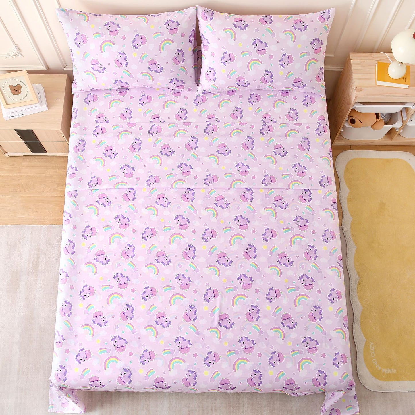 LONAVA Twin Sheet Set Kids - 3 Pieces Soft Microfiber Cartoon Style Bedsheets for Boys Girls Teens, Oeko TEX, Breathable Deep Pocket Sheets (Purple Unicorn)
