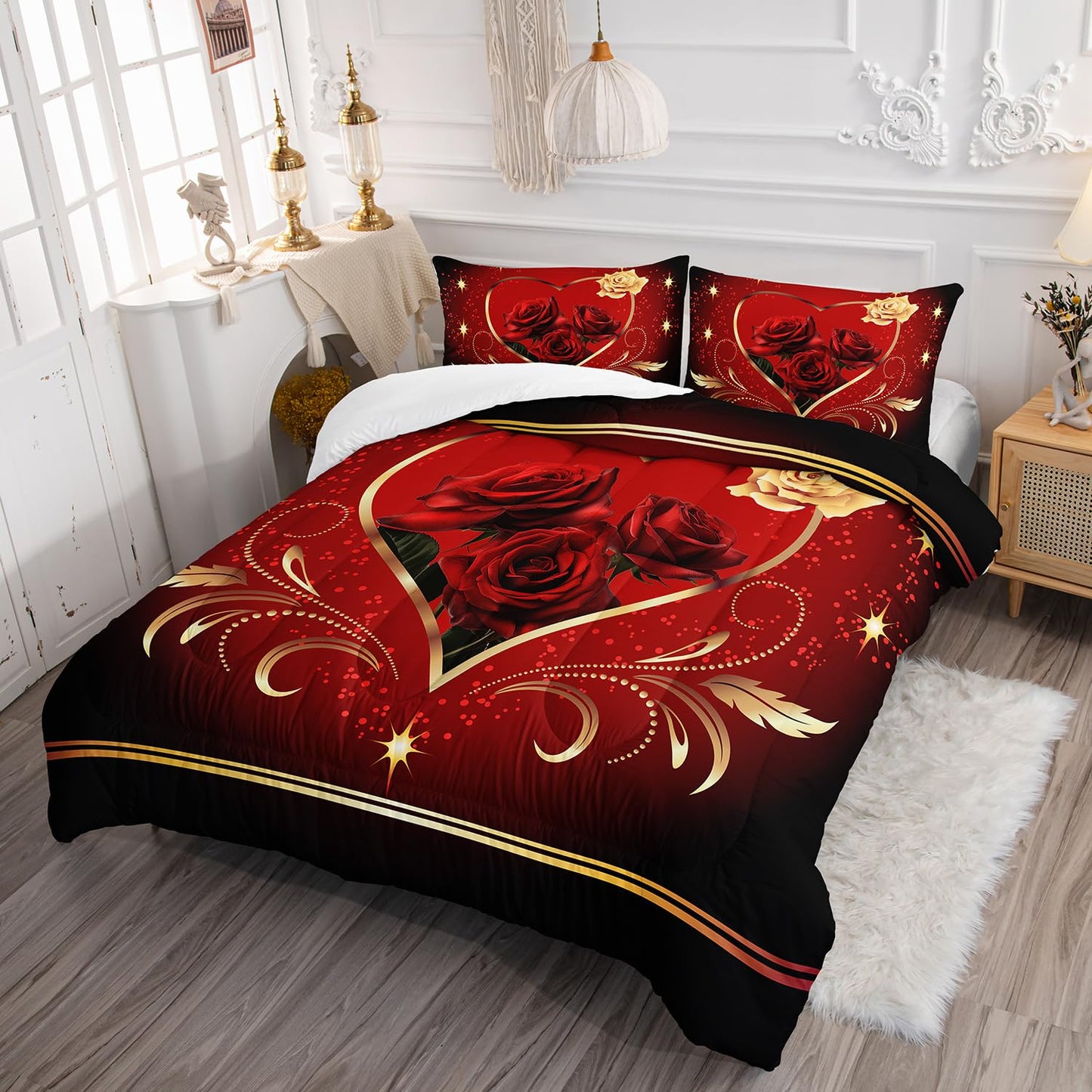 AILONEN Beautiful Red Rose Comforter Set Queen Size, 3D Oil Rose Bedding Set for Girls Women Bedroom Decor,Romantic Moemnt Bed in a Bag,Love Pattern Duvet Set,3 PCS, 1 Quilt 2 Pillowcases