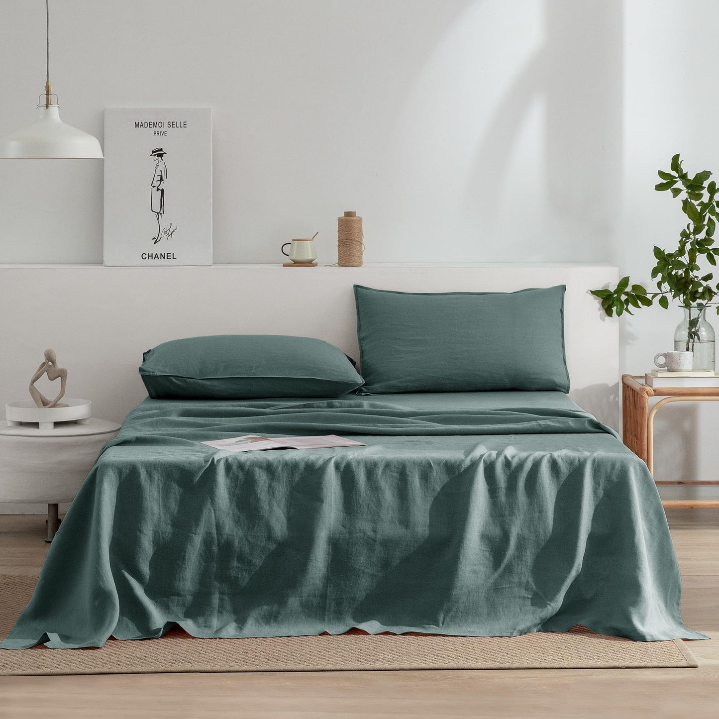 EVERLY Linen Sheets Set Twin Size,100% French Stonewash Pure Linen Sheets Set,3Pieces (1Flat Sheet,1Fitted Sheet,1Pillowcase) Suitable for Hot Sleepers,Deep Pocket Bedding Set-Aqua