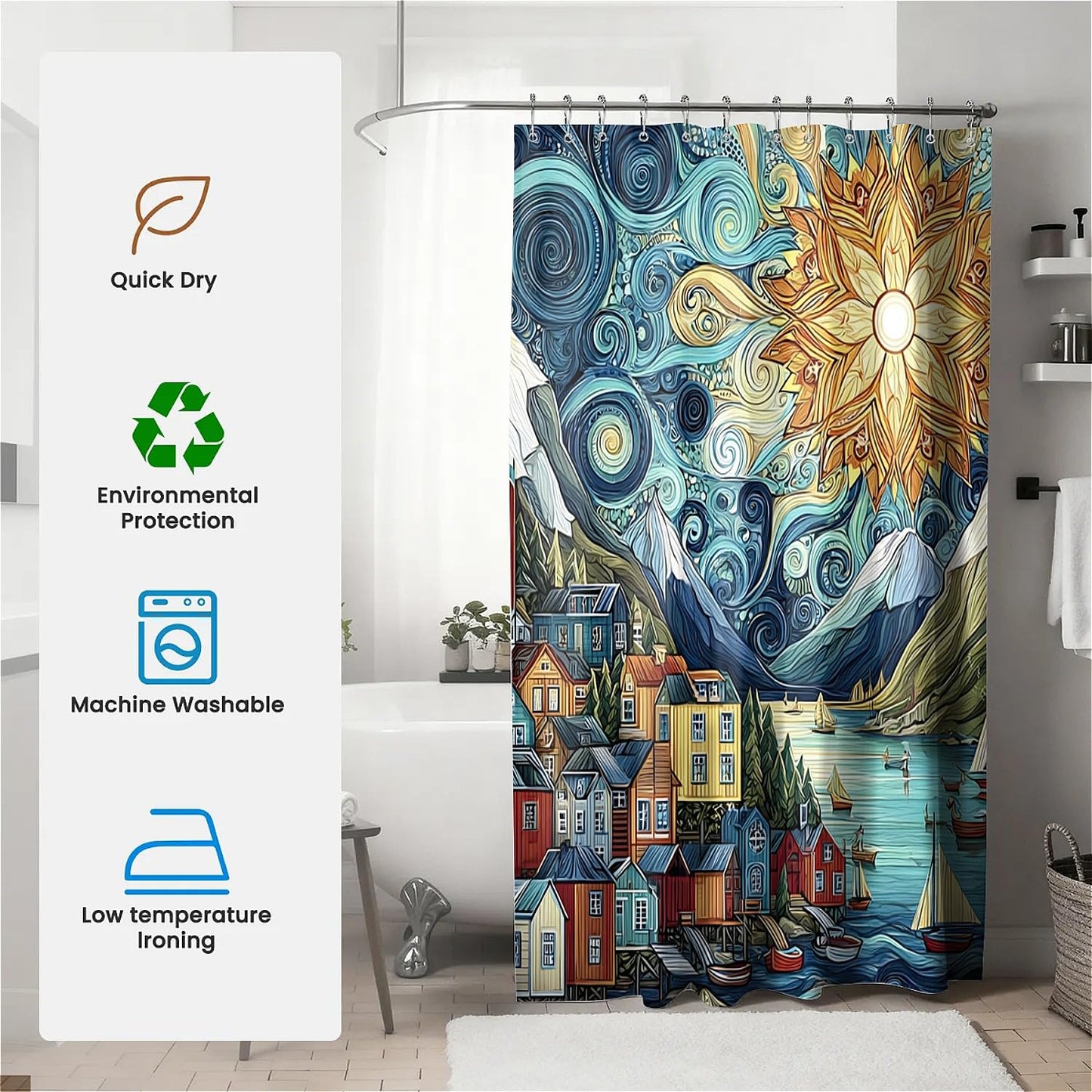 TANGXUNFA Colorful Fjords Shower Curtain for Bathroom, Water-Resistant Long Shower Curtain Set 72x72 Inch with Metal Grommets and 12 Metal Hooks