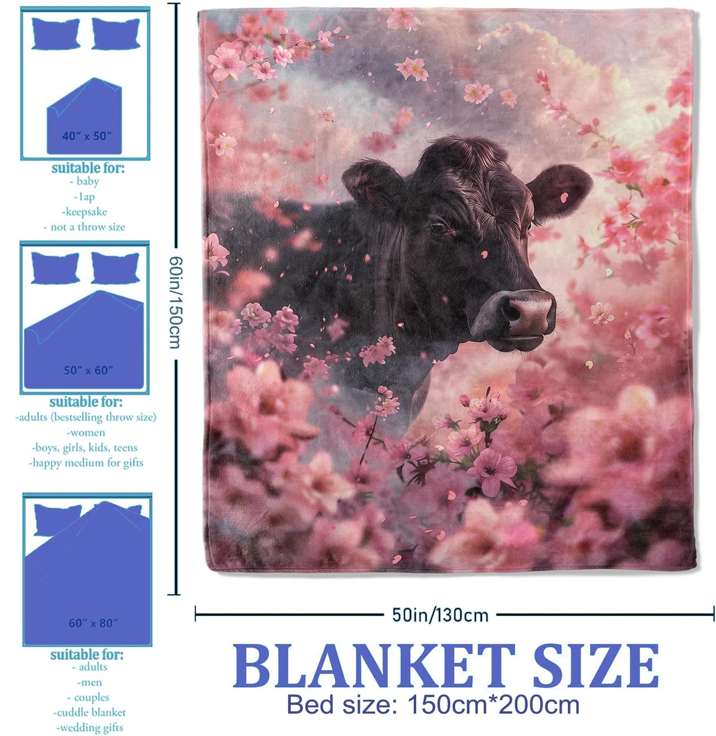 Plistiz Pastoral Throw Blanket 50"x60", Blossoming Cherry Blossoms and Cow Theme Blankets for Living Room Couch, Soft Flannel Gifts for Adults and Women