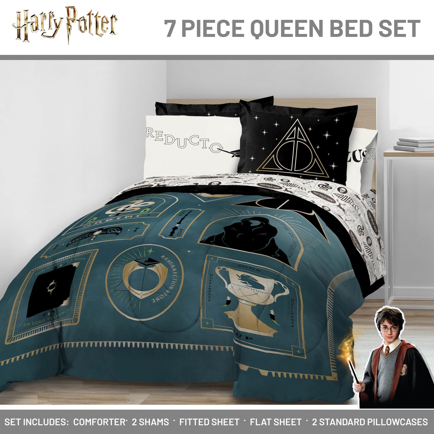 Jay Franco Kids Comforter Set Includes Sheets and Pillow Covers - Soft and Cozy Bed Set for Stylish Room Decor, Blue - Harry Potter, 7 Piece Queen Size Bedding