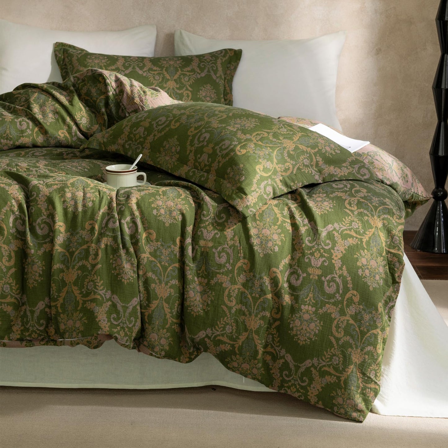 VM VOUGEMARKET Green Floral Duvet Cover Queen,3 Pieces Retro Boho Medallion Jacquard Flower Bedding Set,Linen Cotton Yarn-Dyed Textured Reversible Duvet Cover with Zipper Closure